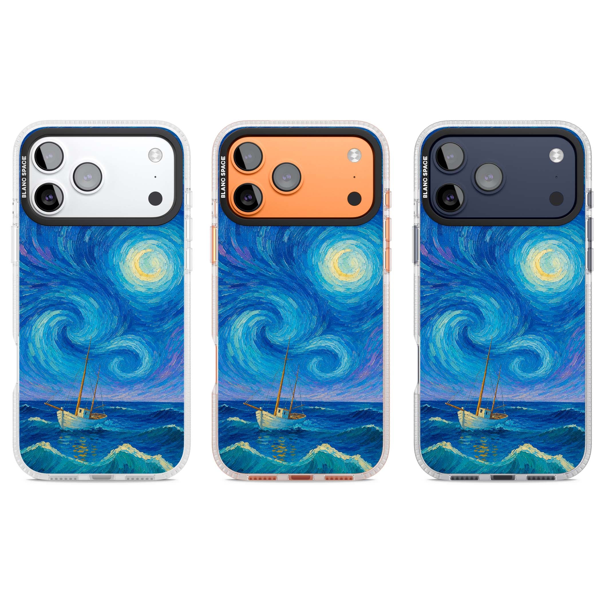 Moonlit Tide Van Gogh art iPhone case featuring swirling starry night sky, glowing moon and lone sailing boat at sea | Clear Case Impact Air case for iPhone 17 Pro, iPhone 17 Pro Max