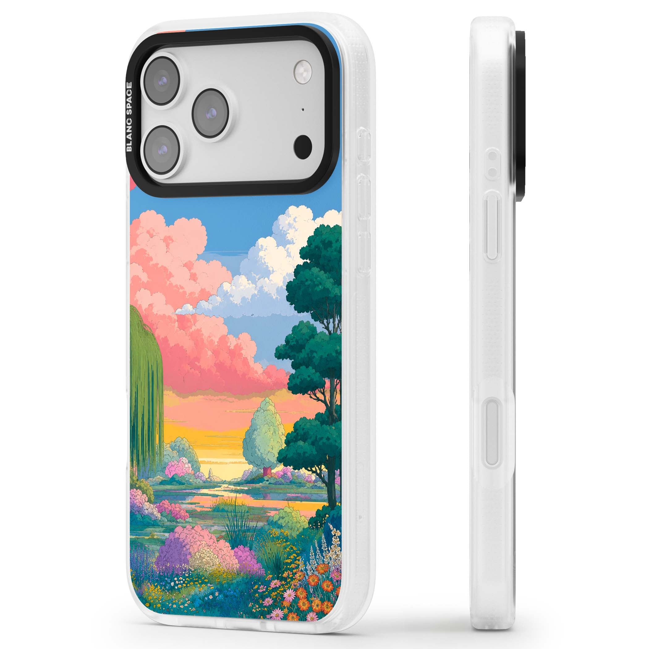 Dream Valley anime landscape iPhone case featuring pink sunset clouds, willow trees and wildflowers | Clear Case Impact Air case for iPhone 17 Pro, iPhone 17 Pro Max