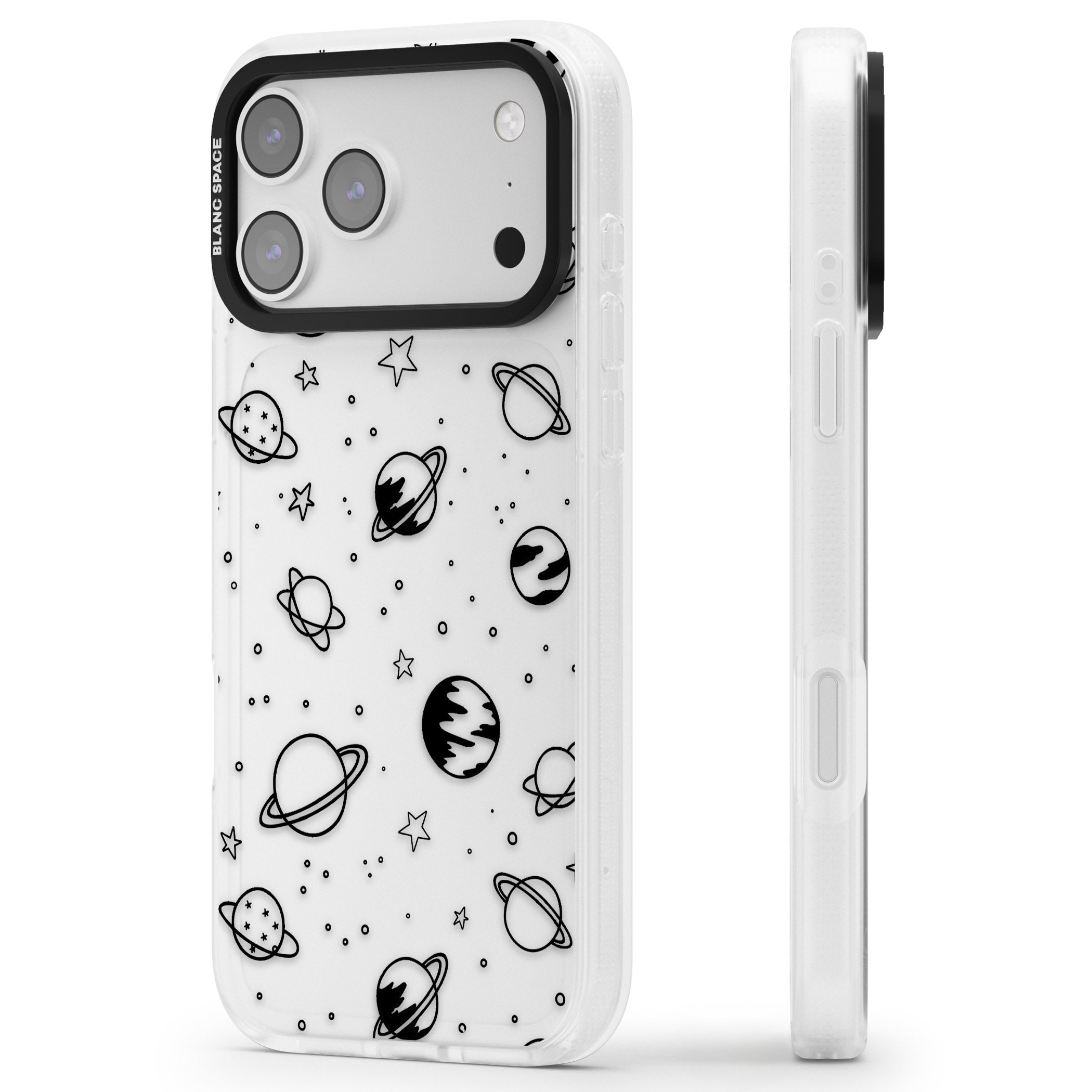 Cosmic Sketch Black Clear iPhone 17 Pro Impact Air Clear Phone Case Side Profile