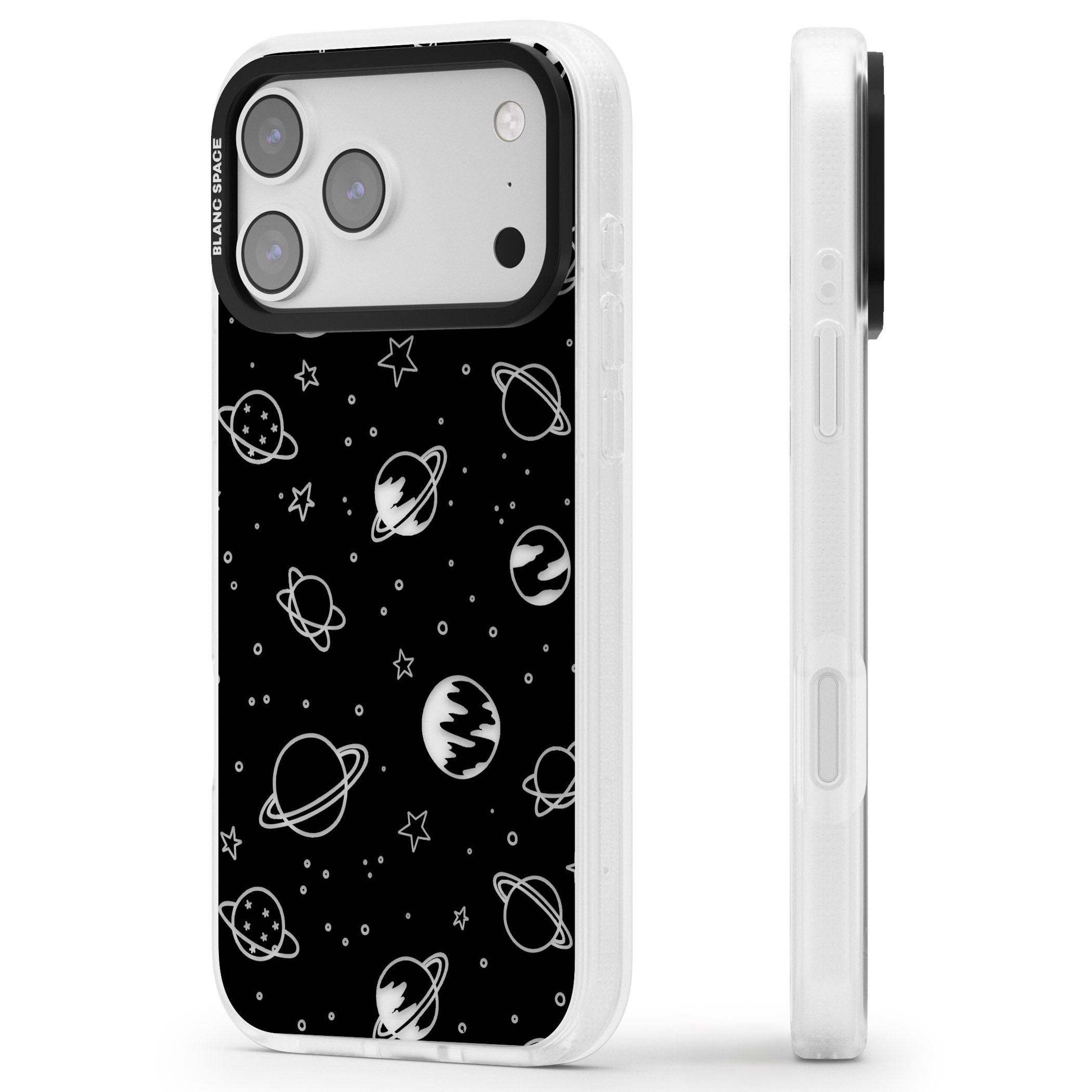 Cosmic Sketch Clear Black iPhone 17 Pro Impact Air Clear Phone Case Side Profile