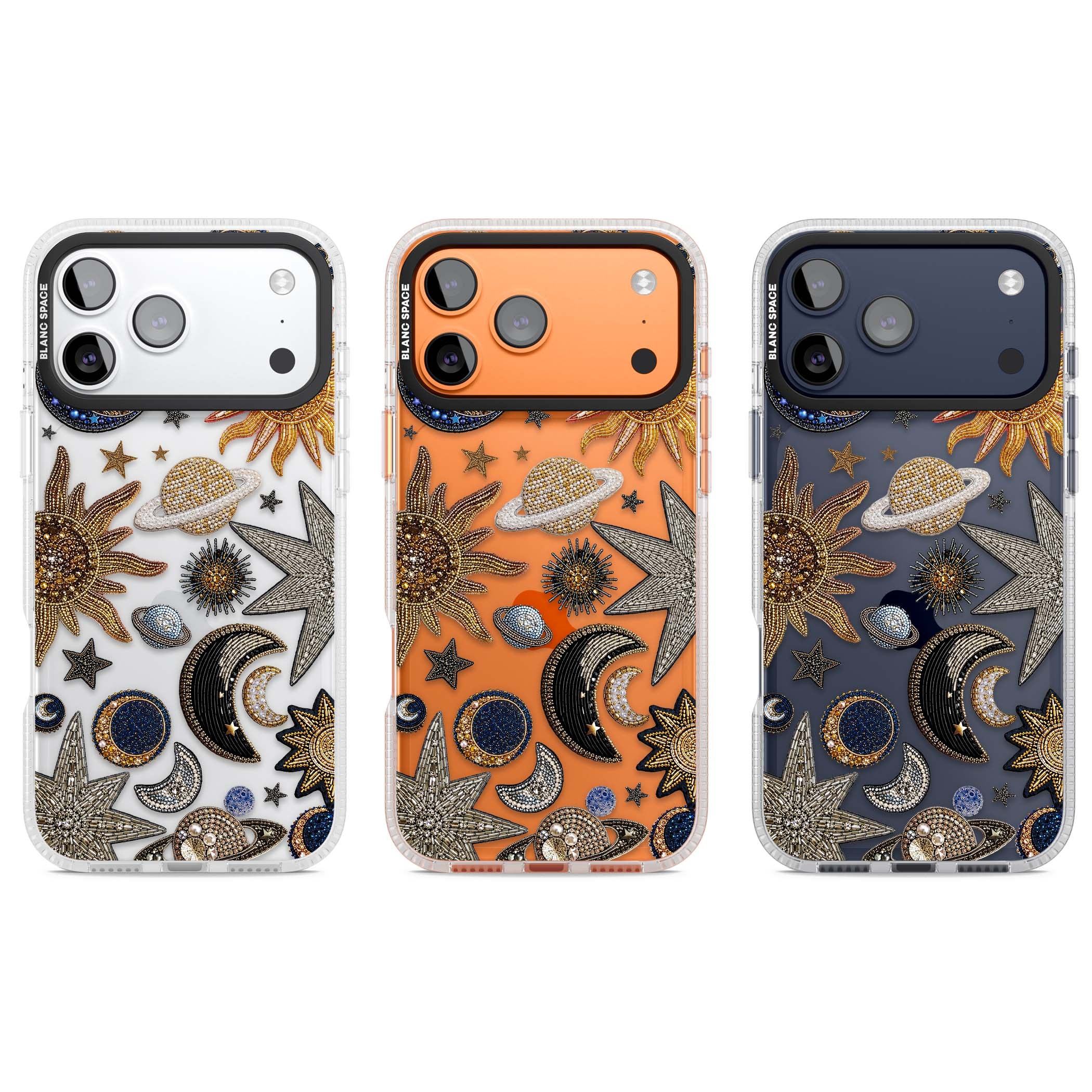 Beaded Cosmos celestial iPhone case featuring embroidered golden suns, beaded planets and silver shooting stars | Clear Case Impact Air case for iPhone 17 Pro, iPhone 17 Pro Max