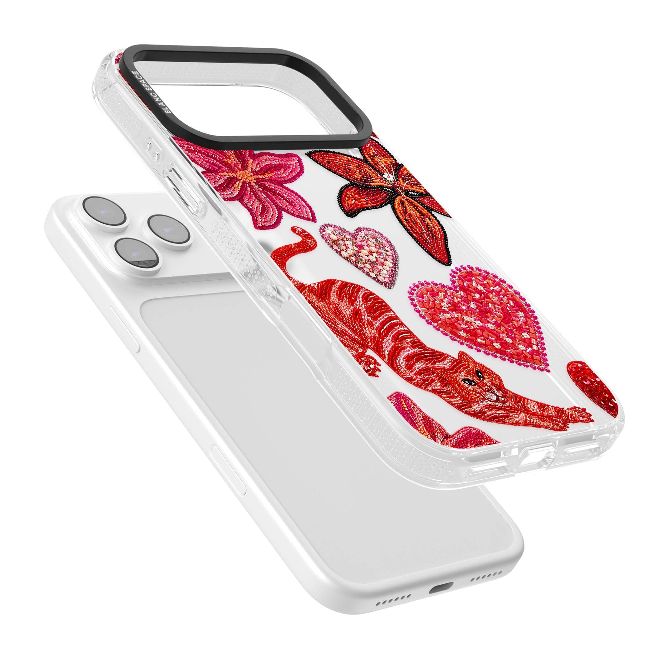Beaded Boho floral iPhone case featuring beaded red lilies, a stitched tiger, and pearl-encrusted hearts on clear | Clear Case Impact Air case for iPhone 17 Pro, iPhone 17 Pro Max