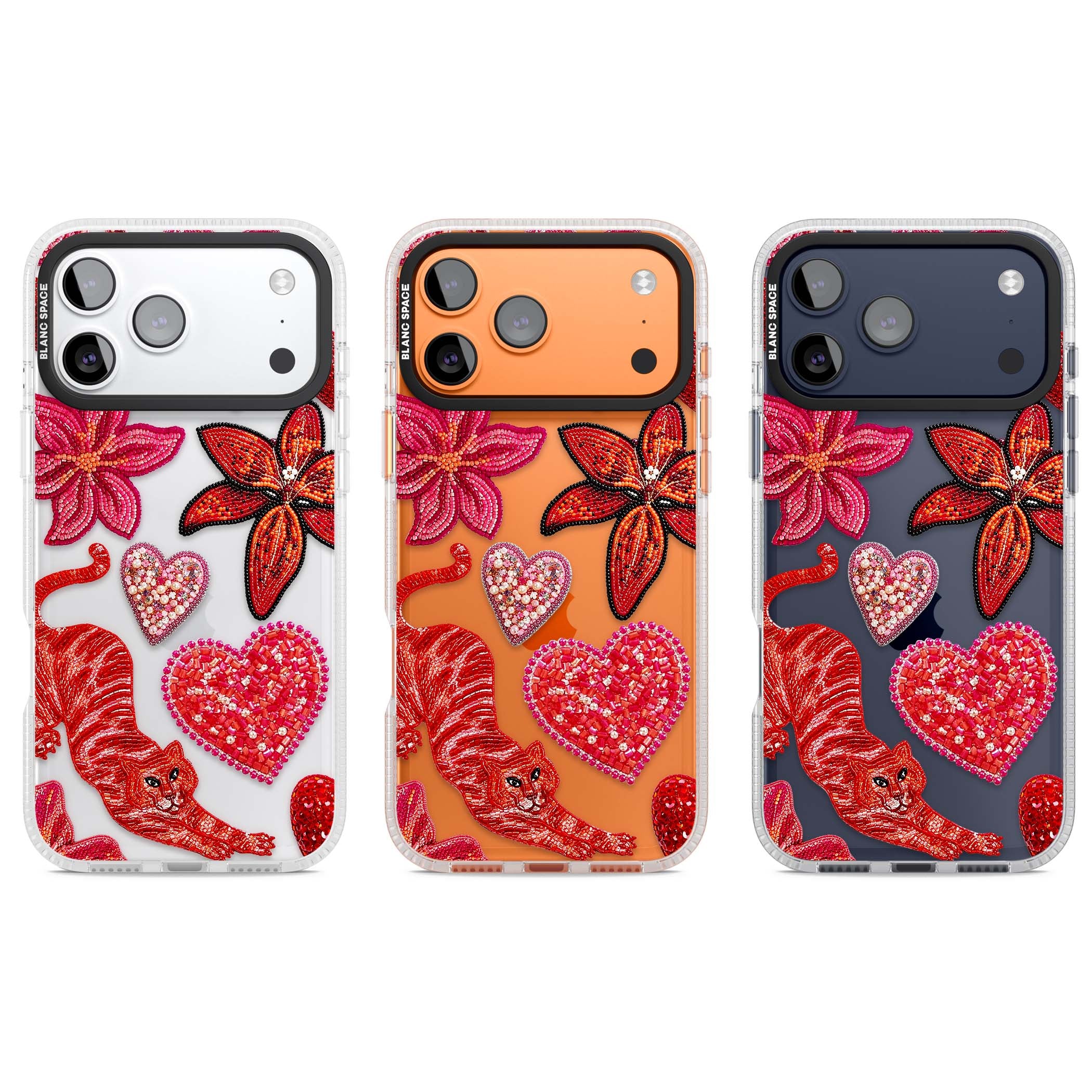 Beaded Boho floral iPhone case featuring beaded red lilies, a stitched tiger, and pearl-encrusted hearts on clear | Clear Case Impact Air case for iPhone 17 Pro, iPhone 17 Pro Max