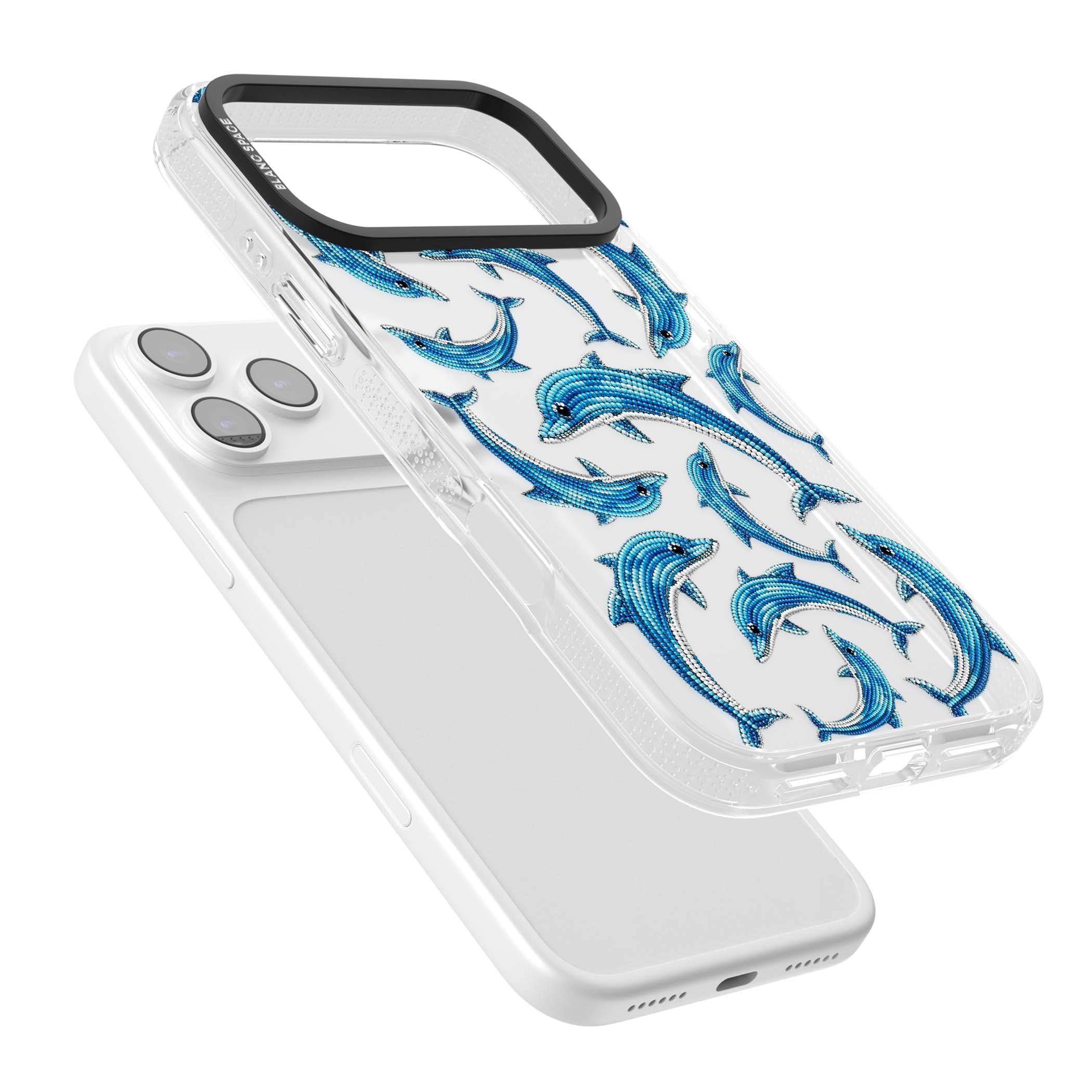 Beaded Dolphins coastal iPhone case featuring beaded dolphins in blue and white swimming across a clear background | Clear Case Impact Air case for iPhone 17 Pro, iPhone 17 Pro Max
