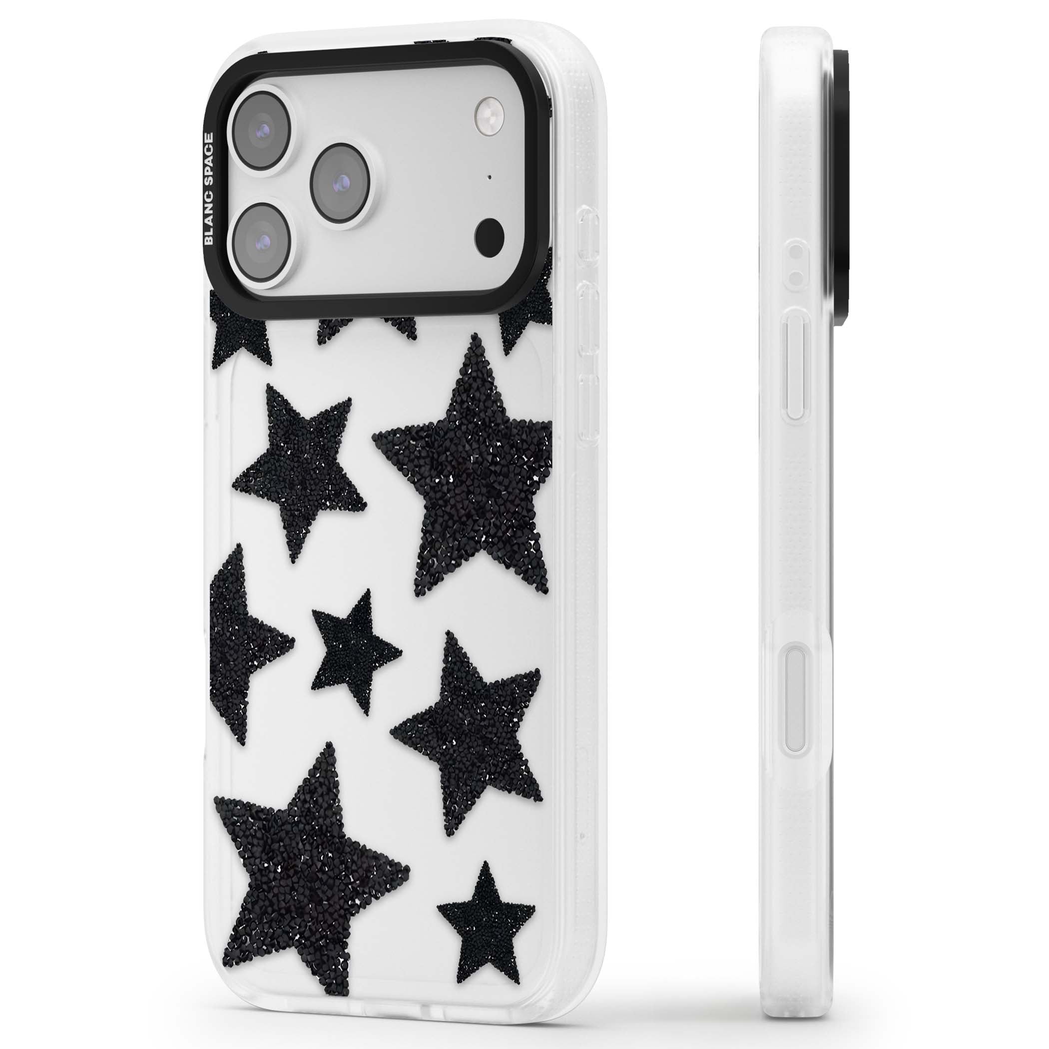 Beaded Black Stars celestial iPhone case featuring black glitter beaded stars scattered on a clear background | Clear Case Impact Air case for iPhone 17 Pro, iPhone 17 Pro Max