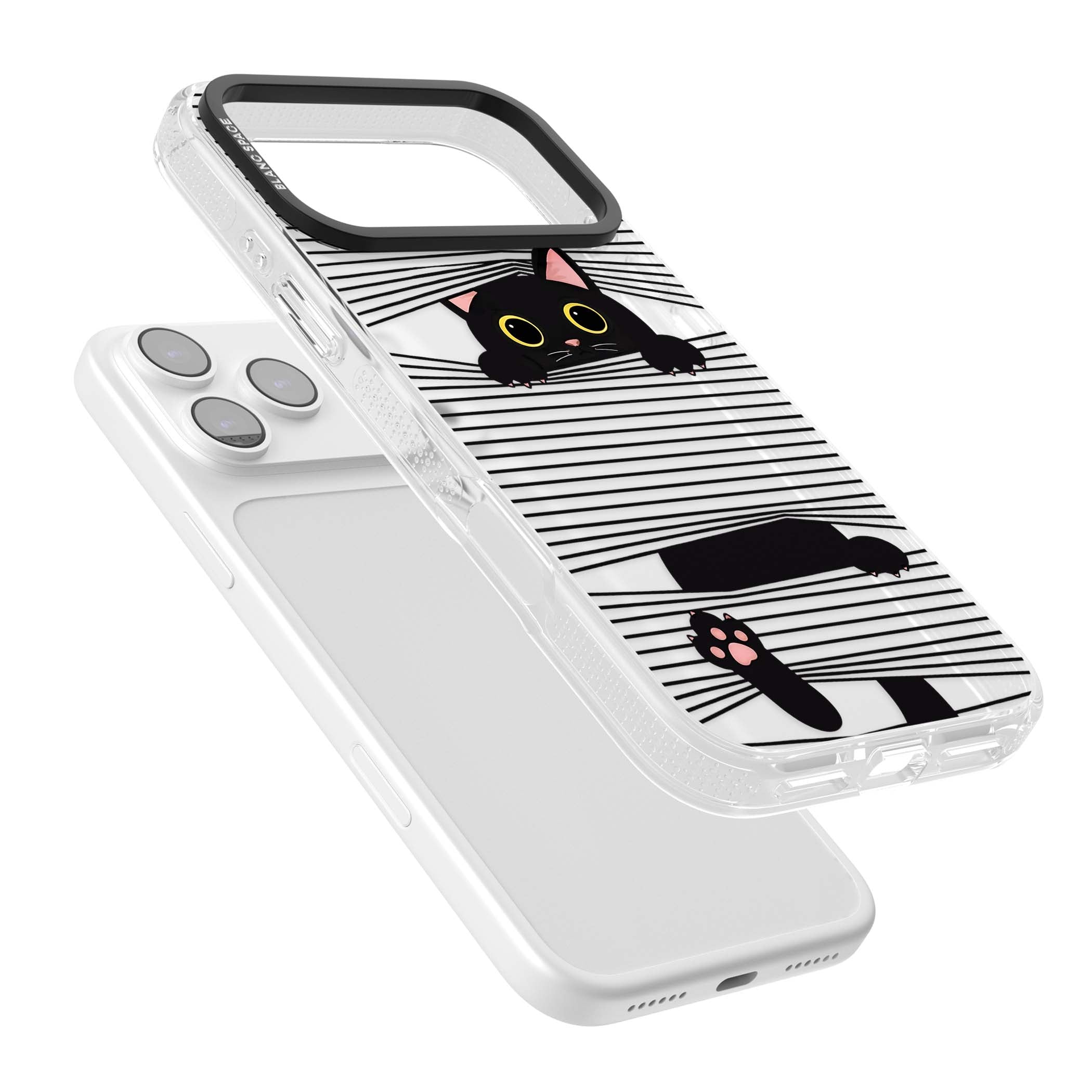 Peek-a-Boo Cat minimal iPhone case featuring black cat peeking through horizontal black and white stripes | Clear Case Impact Air case for iPhone 17 Pro, iPhone 17 Pro Max
