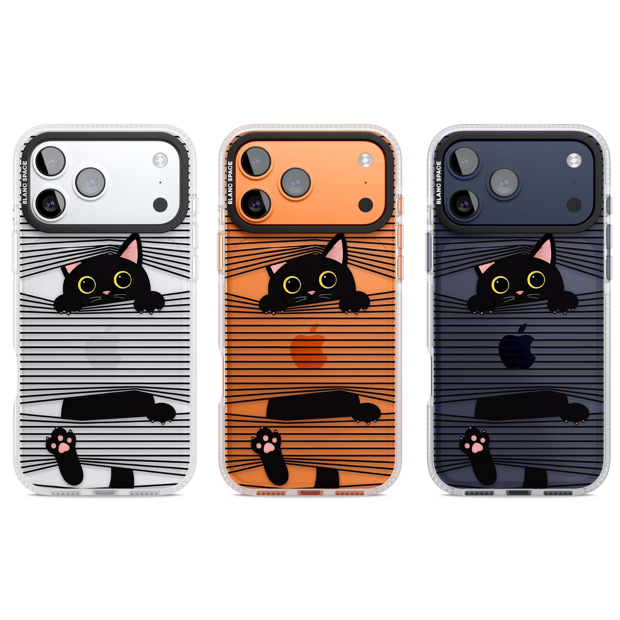 Peek-a-Boo Cat minimal iPhone case featuring black cat peeking through horizontal black and white stripes | Clear Case Impact Air case for iPhone 17 Pro, iPhone 17 Pro Max