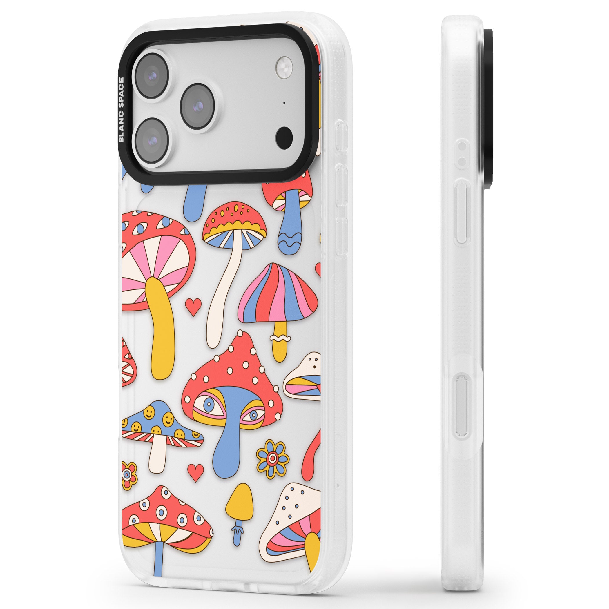 Vibrant Shrooms iPhone 17 Pro Impact Air Clear Phone Case Side Profile