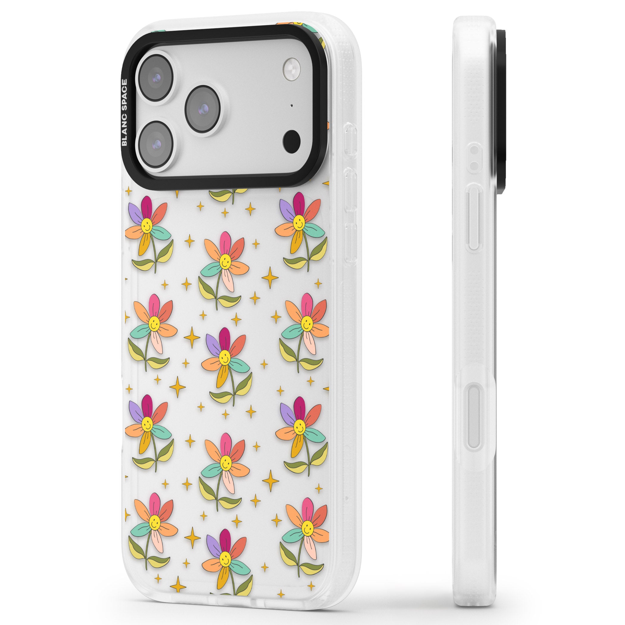Boho Celestial Happy Flower iPhone 17 Pro Impact Air Clear Phone Case Side Profile