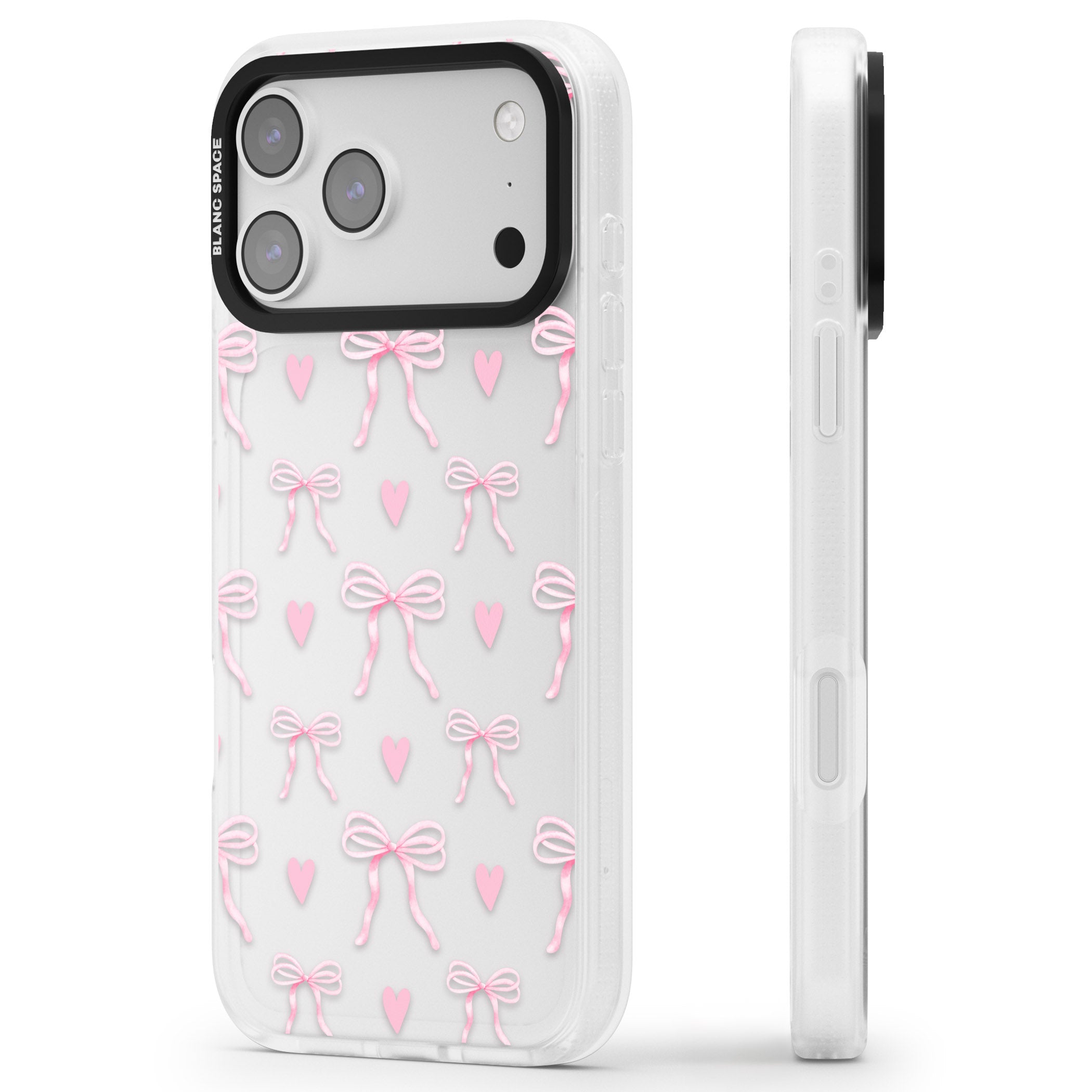 Pink Bows & Hearts iPhone 17 Pro Impact Air Clear Phone Case Side Profile