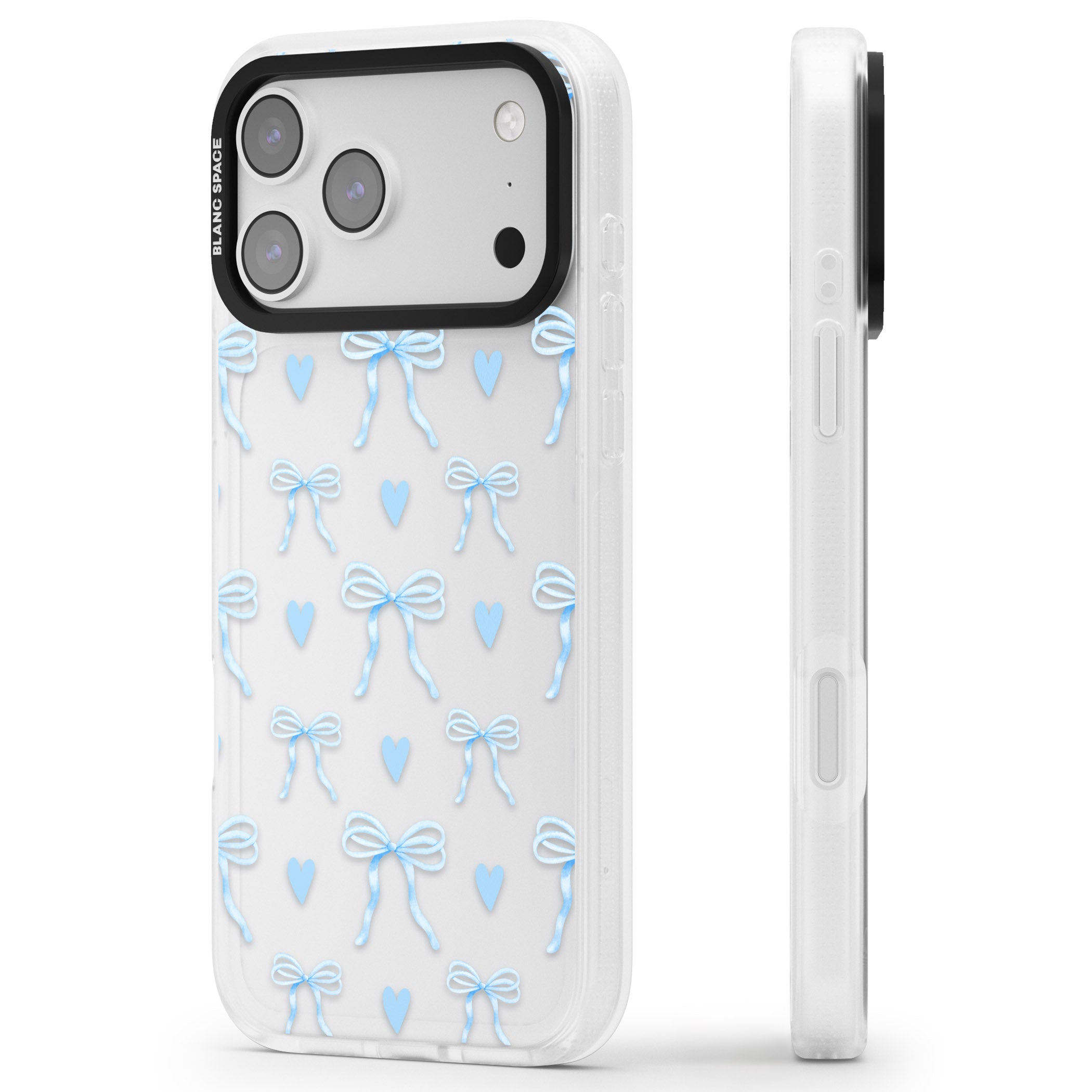 Blue Bows & Hearts iPhone 17 Pro Impact Air Clear Phone Case Side Profile