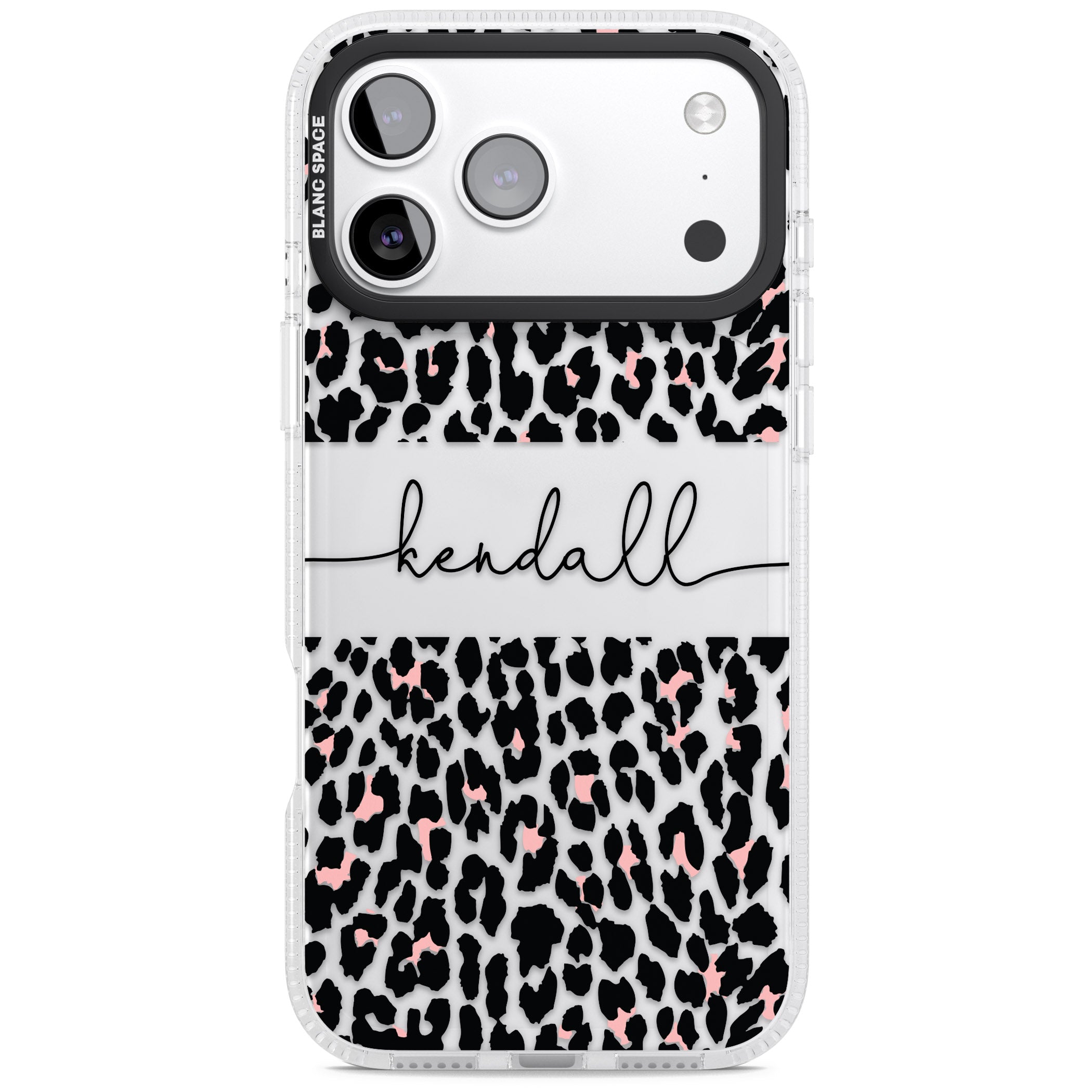 Personalised Cursive Leopard Spots iPhone 17 Pro Impact Air Clear Phone Case