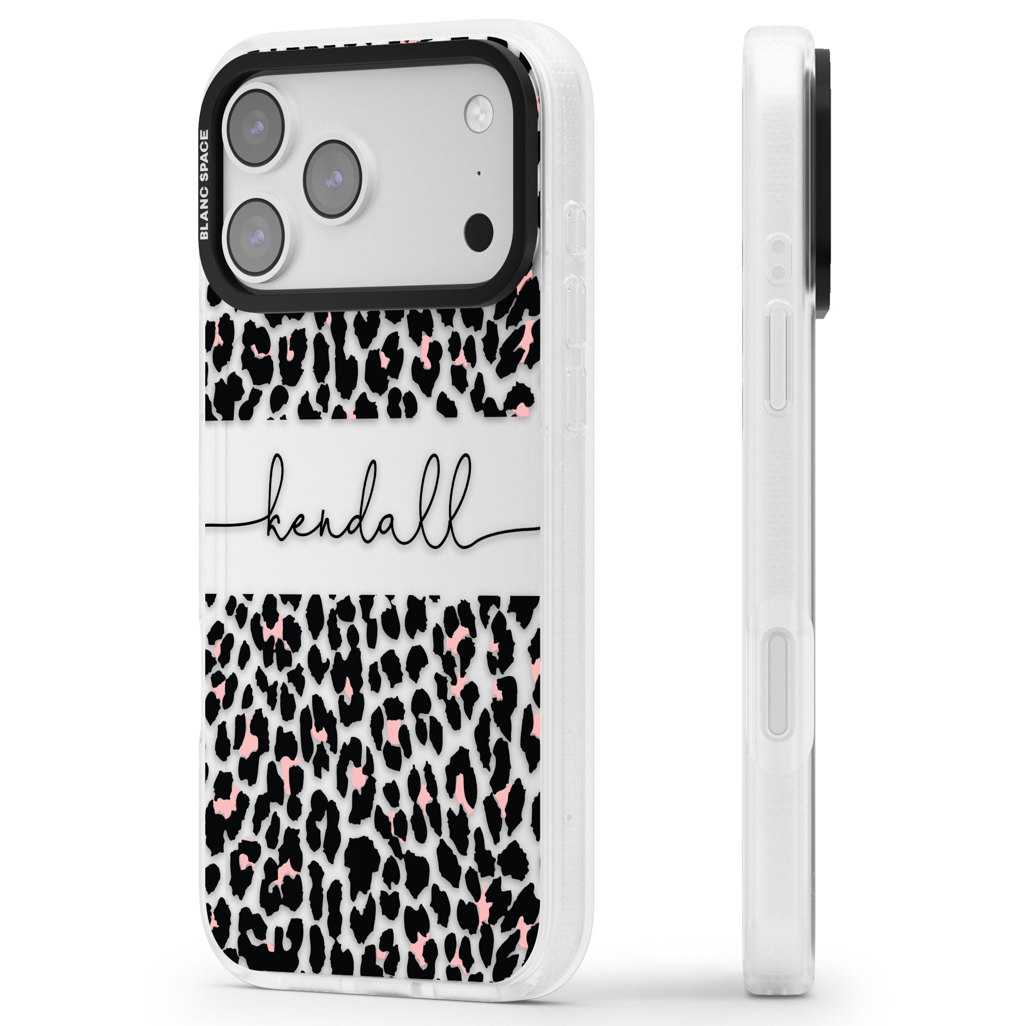 Personalised Cursive Leopard Spots iPhone 17 Pro Impact Air Clear Phone Case Side Profile