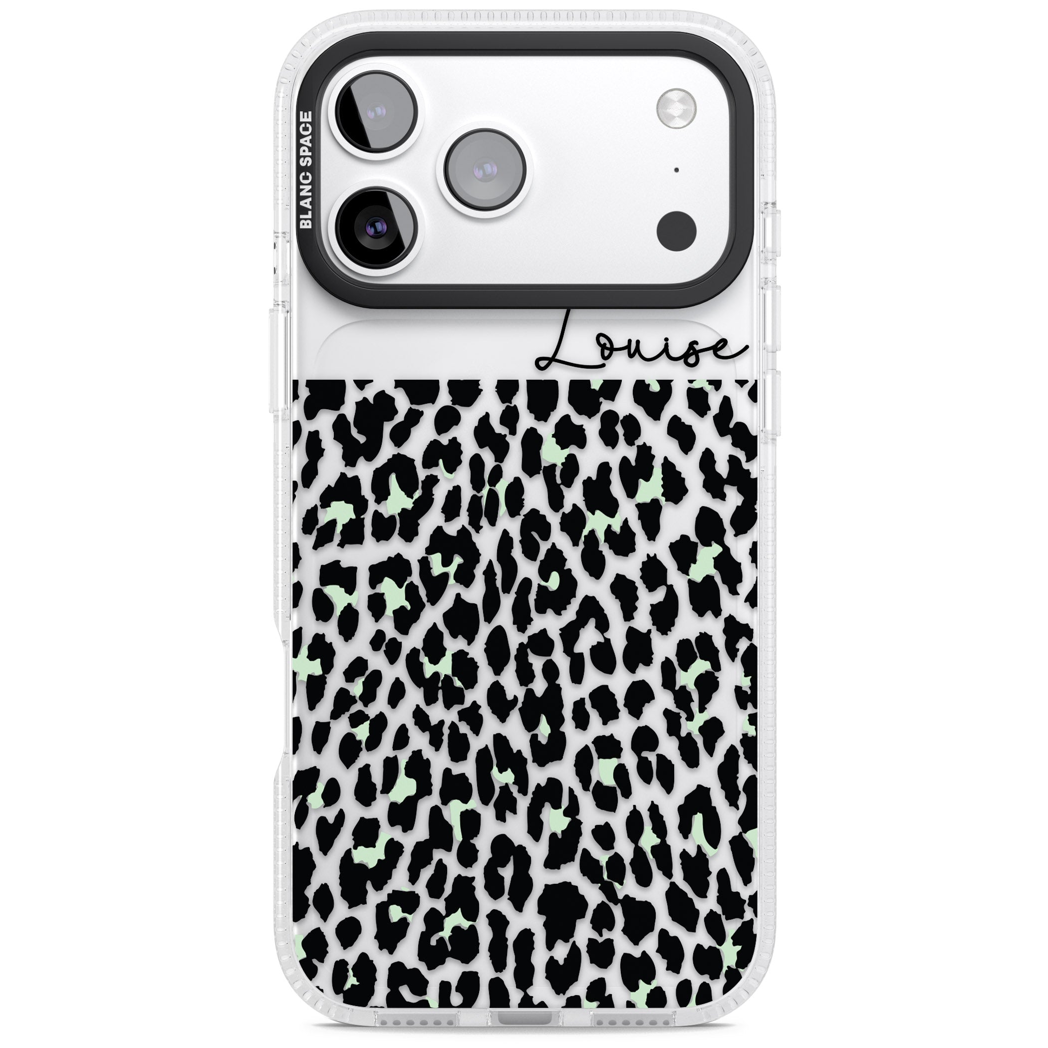Personalised Seafoam Leopard iPhone 17 Pro Impact Air Clear Phone Case