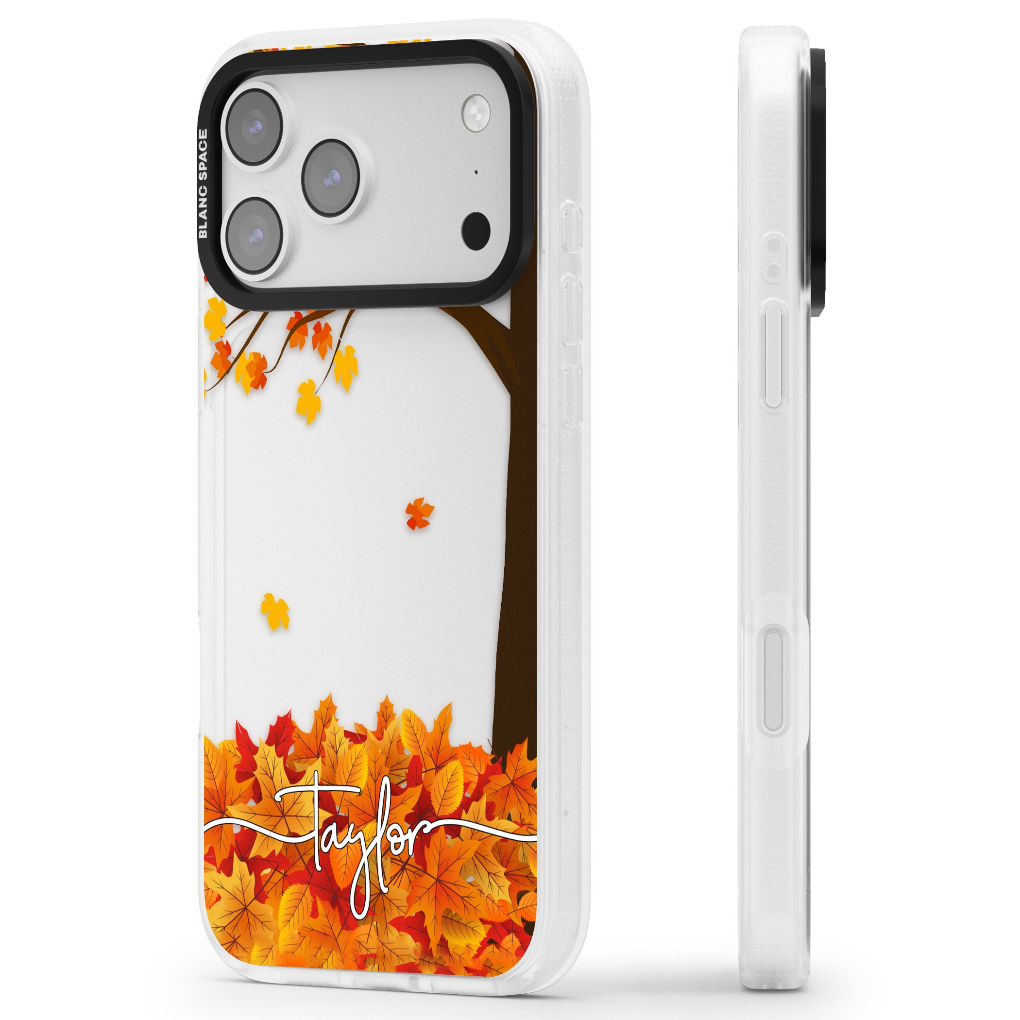 Personalised Autumn Leaves iPhone 17 Pro Impact Air Clear Phone Case Side Profile