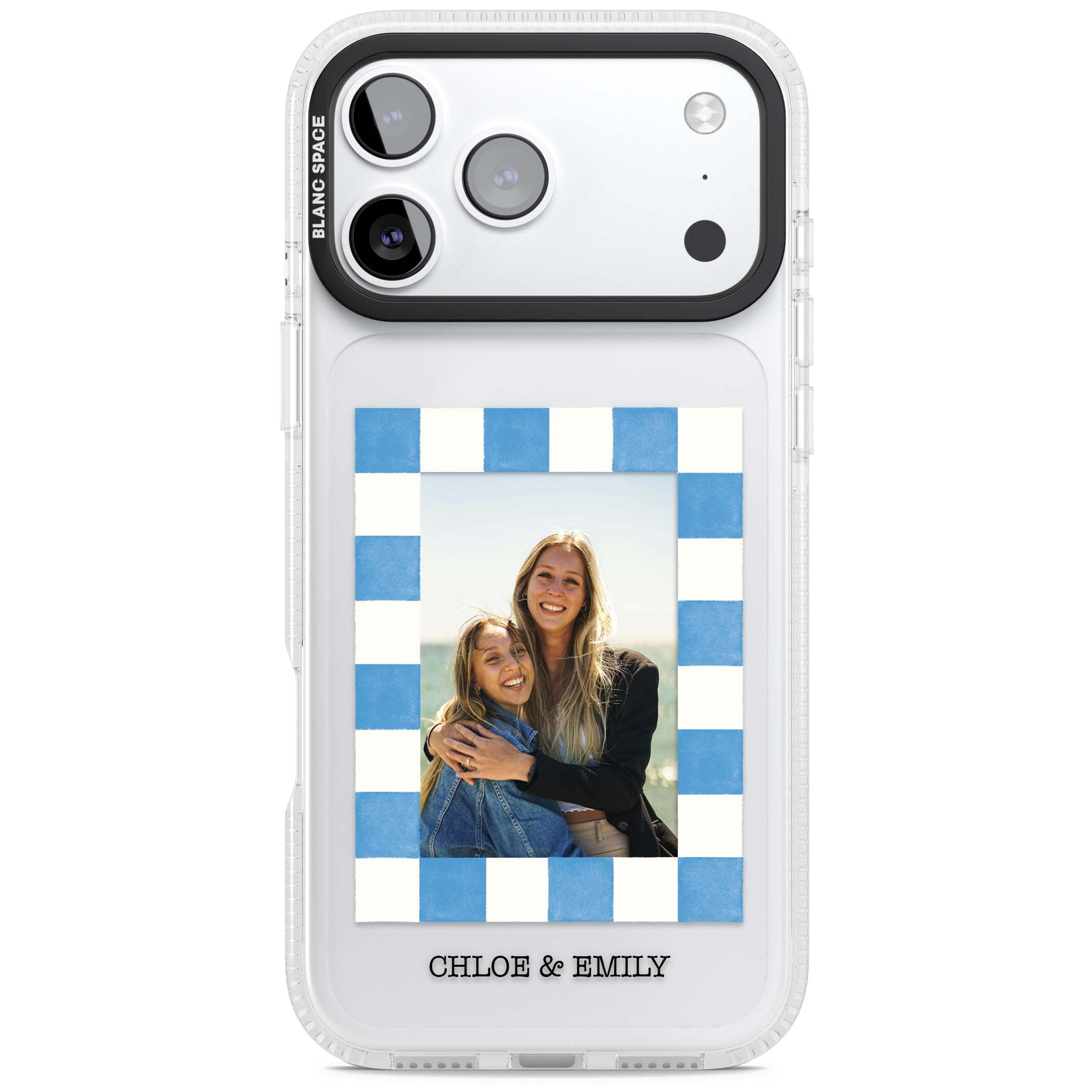 Blue Check Photo personalised photo iPhone case with blue checkered frame and custom couple names | Clear Case Impact Air case for iPhone 17 Pro, iPhone 17 Pro Max