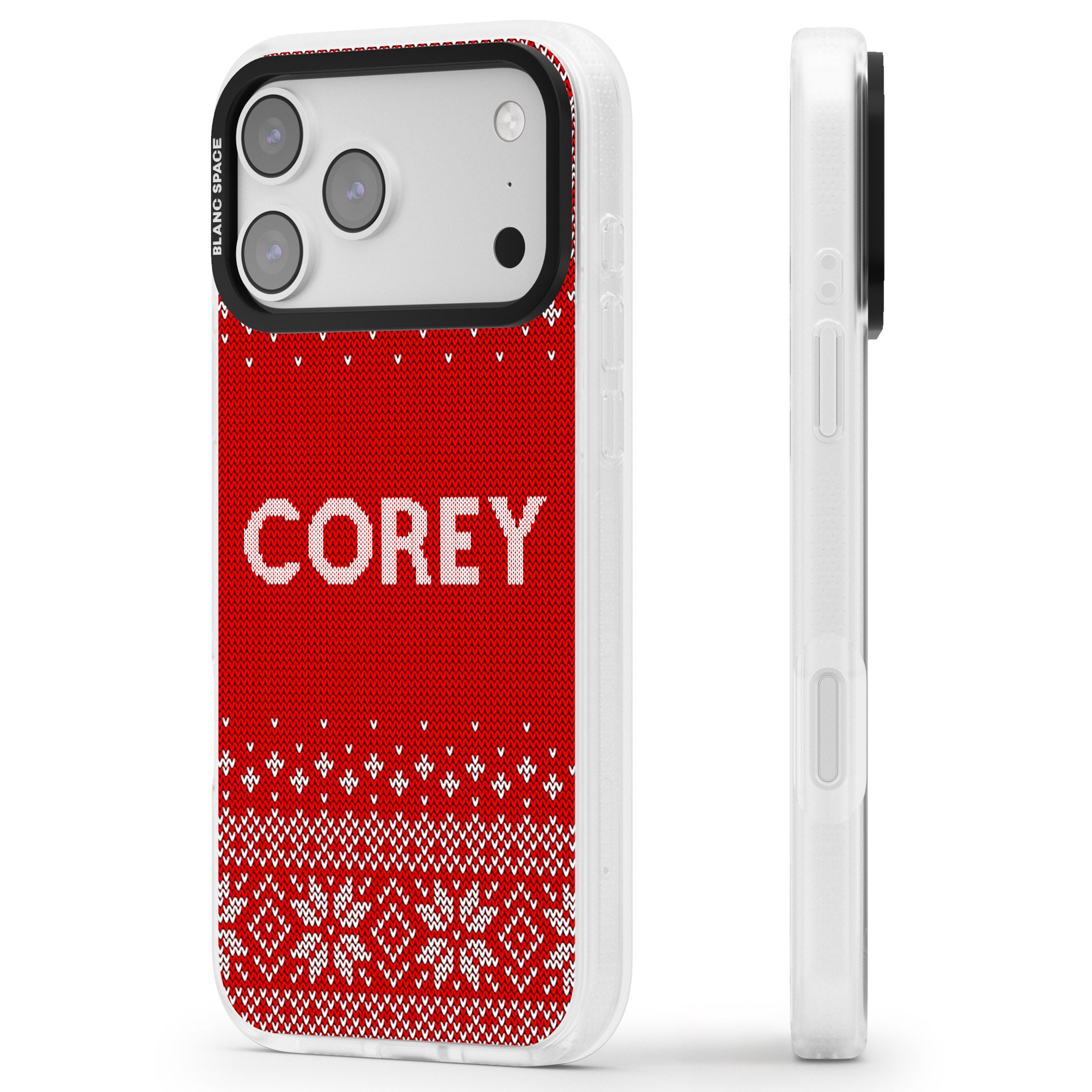 Personalised Red Christmas Knit iPhone 17 Pro Impact Air Clear Phone Case Side Profile