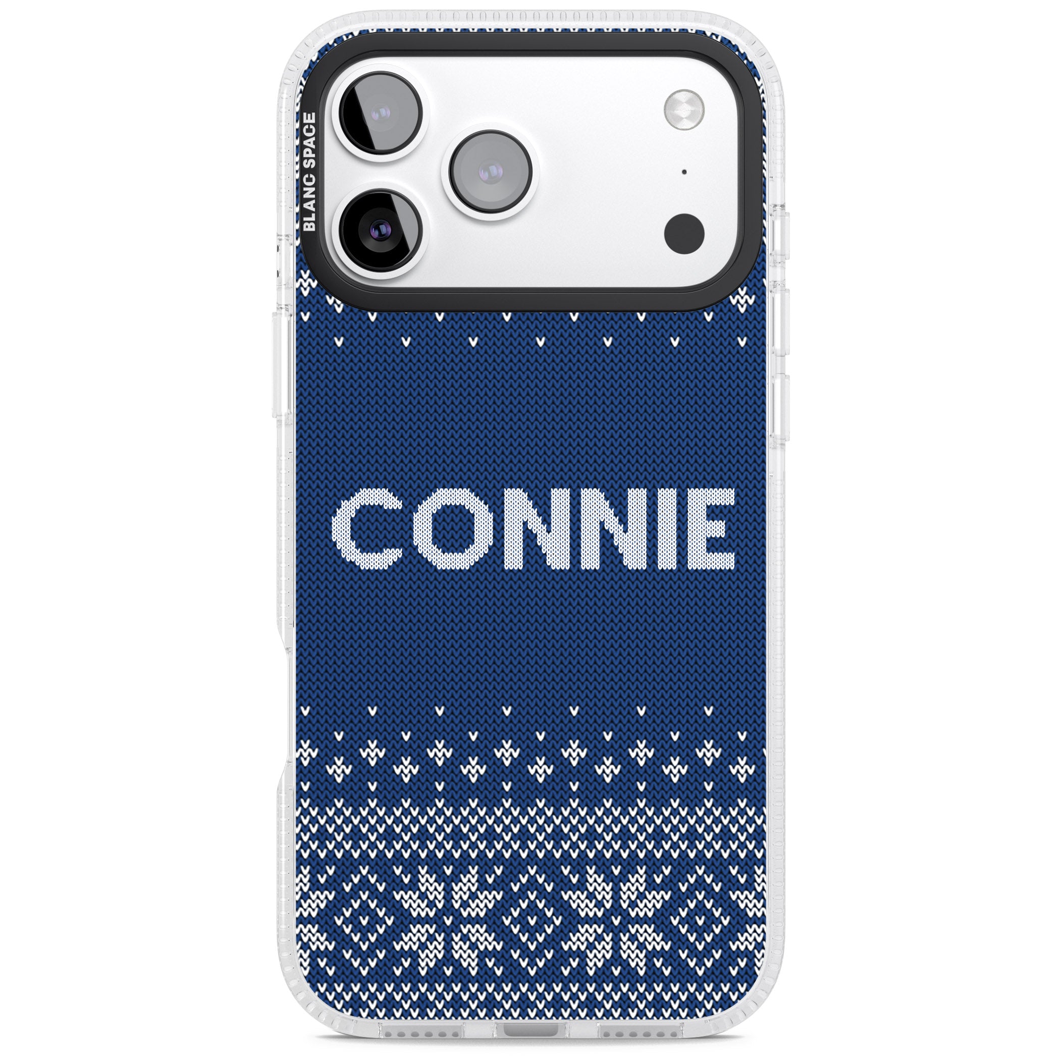 Personalised Blue Knitted Christmas iPhone 17 Pro Impact Air Clear Phone Case