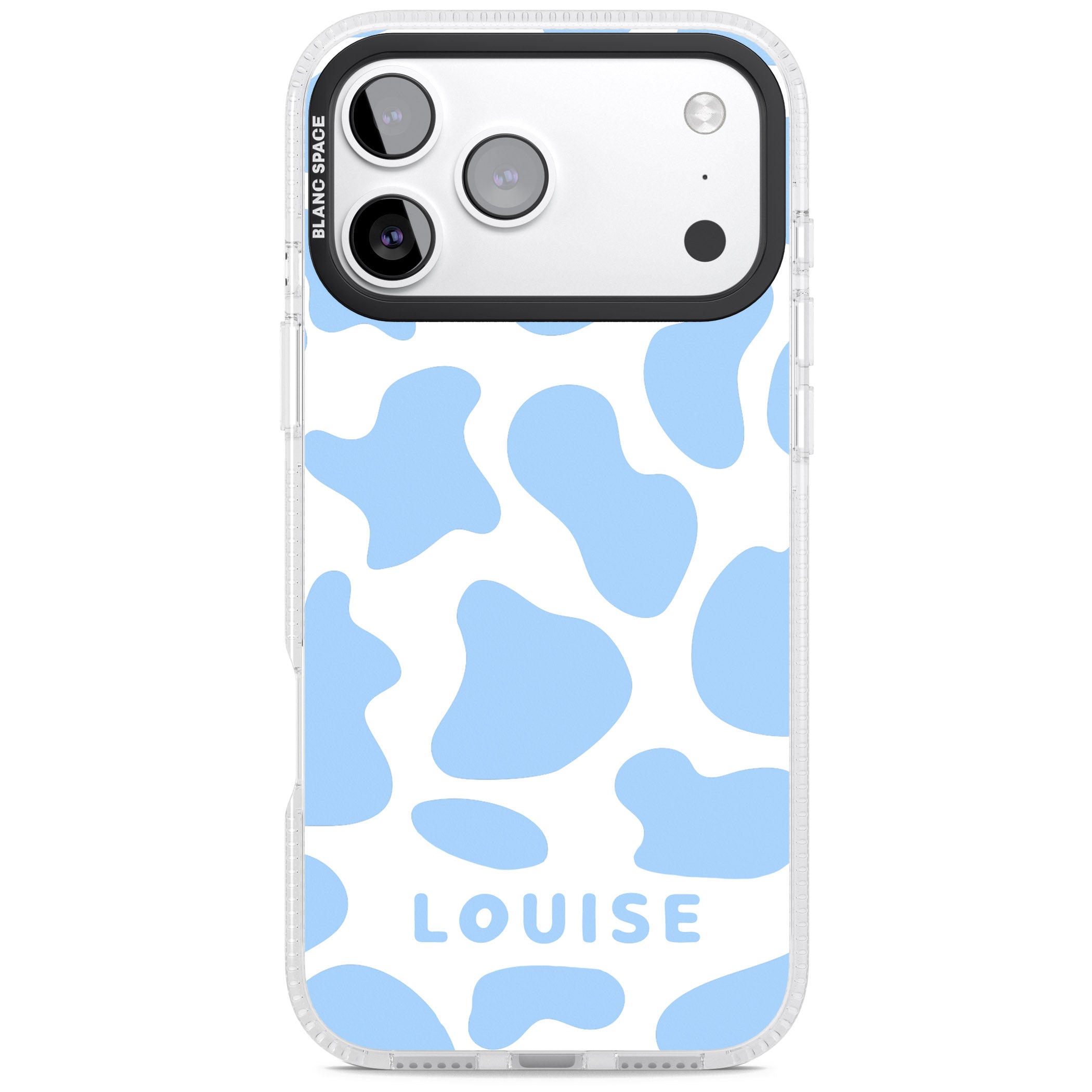 Personalised Blue And White Cow Print iPhone 17 Pro Impact Air Clear Phone Case