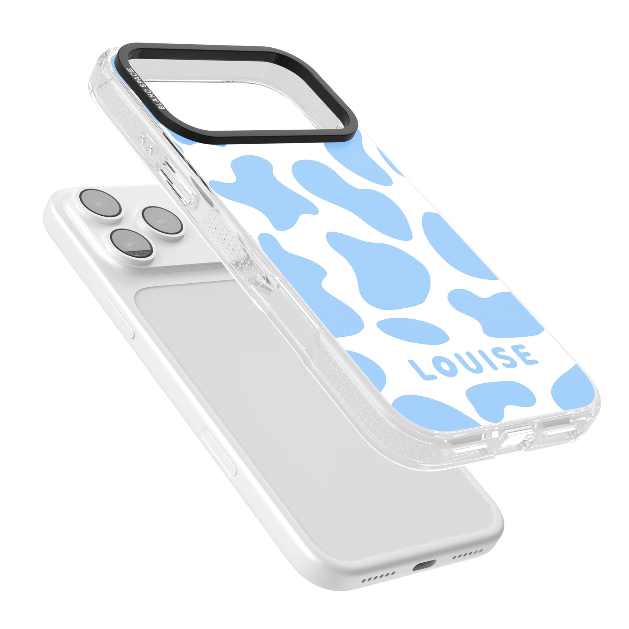 Personalised Blue And White Cow Print iPhone 17 Pro Impact Air Clear Phone Case Colours