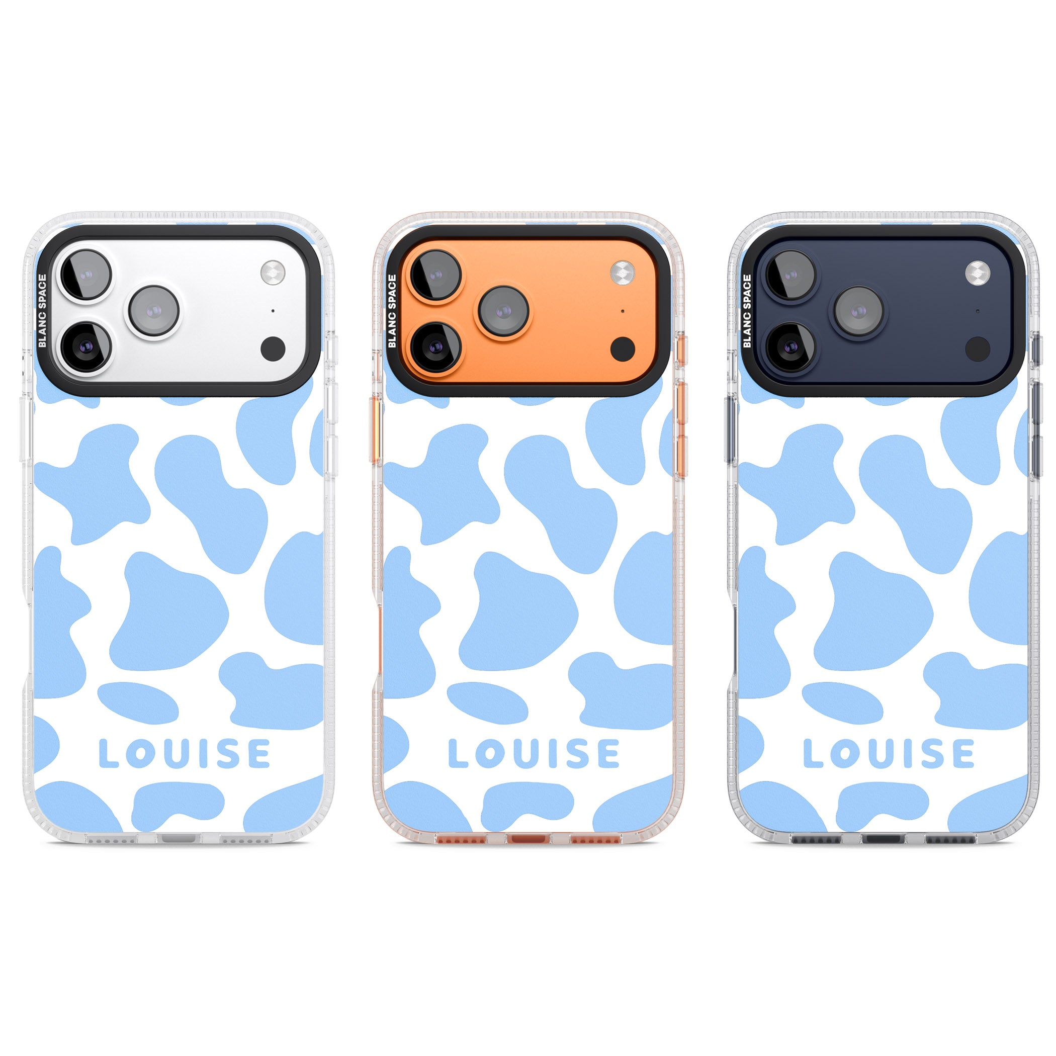 Personalised Blue And White Cow Print iPhone 17 Pro Impact Air Clear Phone Case APT Impact Protection
