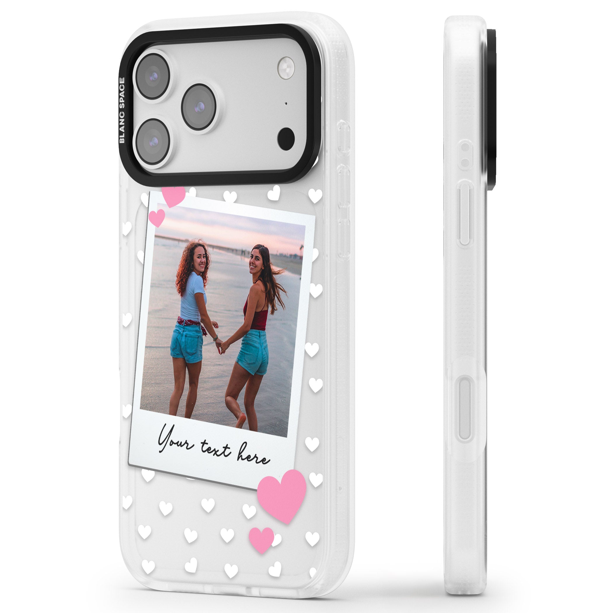 Personalised Hearts Instant Camera Photo iPhone 17 Pro Impact Air Clear Phone Case Side Profile