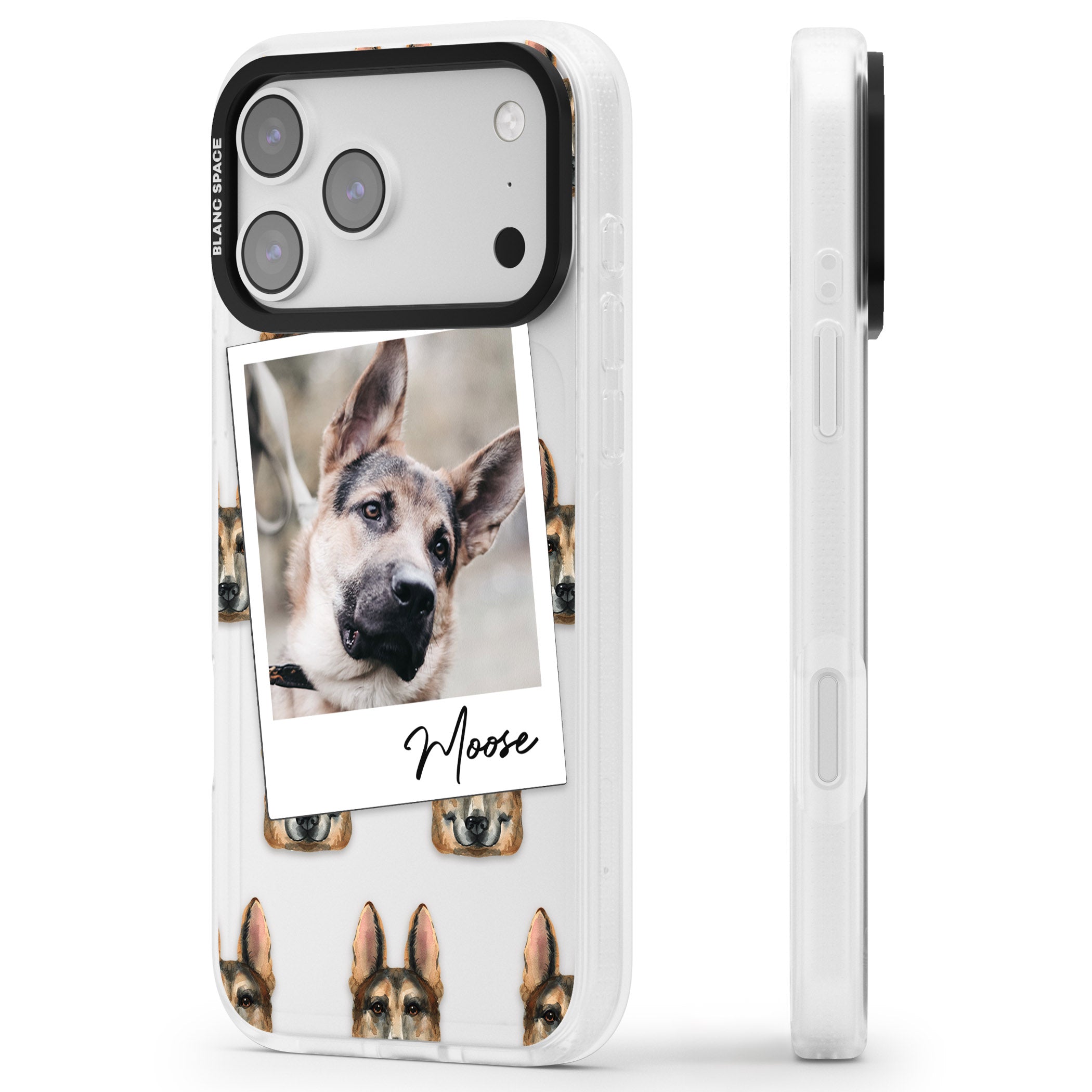 Personalised German Shepherd Instant Camera Photo iPhone 17 Pro Impact Air Clear Phone Case Side Profile