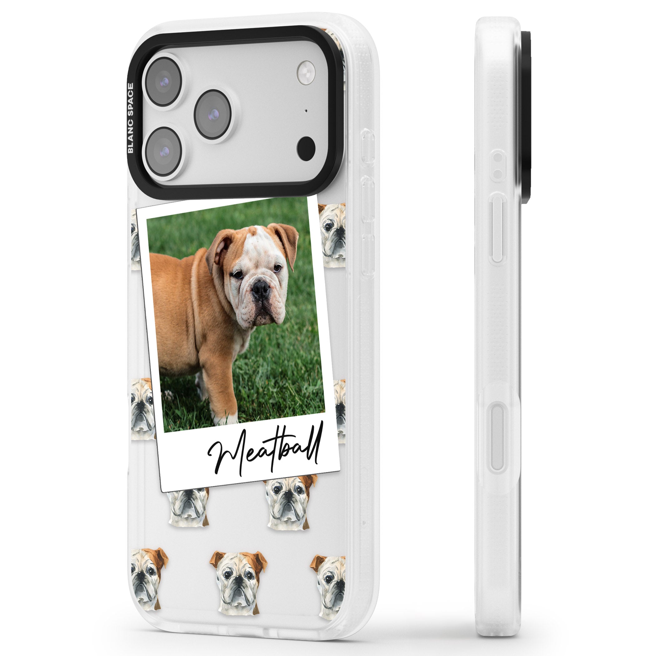Personalised English Bulldog Instant Camera Photo iPhone 17 Pro Impact Air Clear Phone Case Side Profile