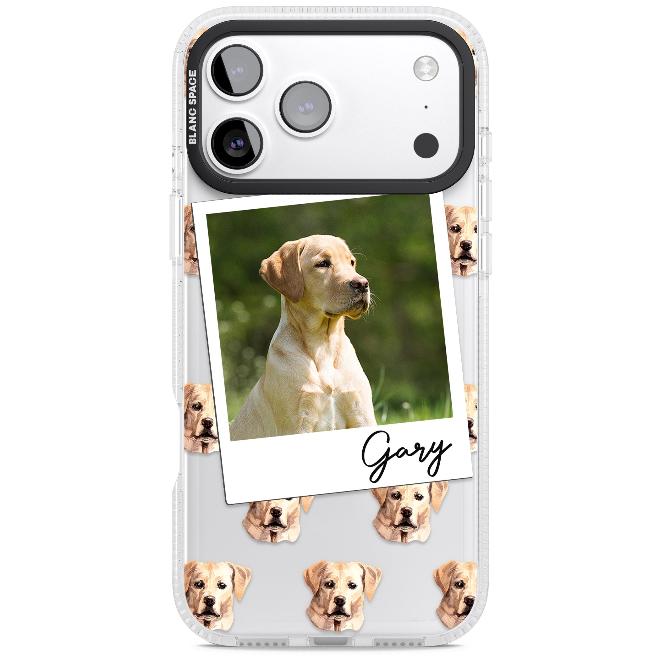 Personalised Tan Black Labrador Instant Camera Photo iPhone 17 Pro Max Impact Air Clear Phone Case