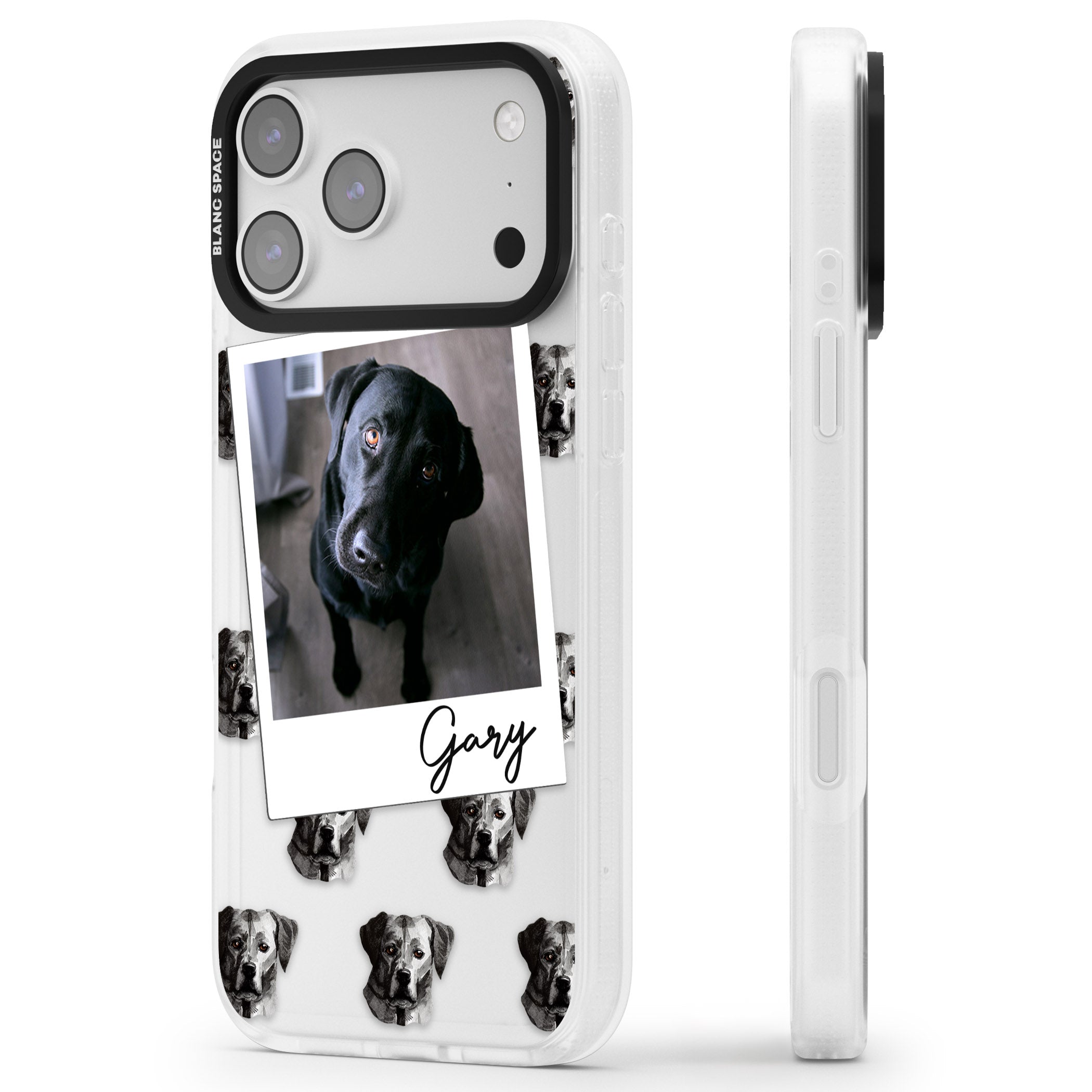 Personalised Black Labrador Instant Camera Photo iPhone 17 Pro Impact Air Clear Phone Case Side Profile