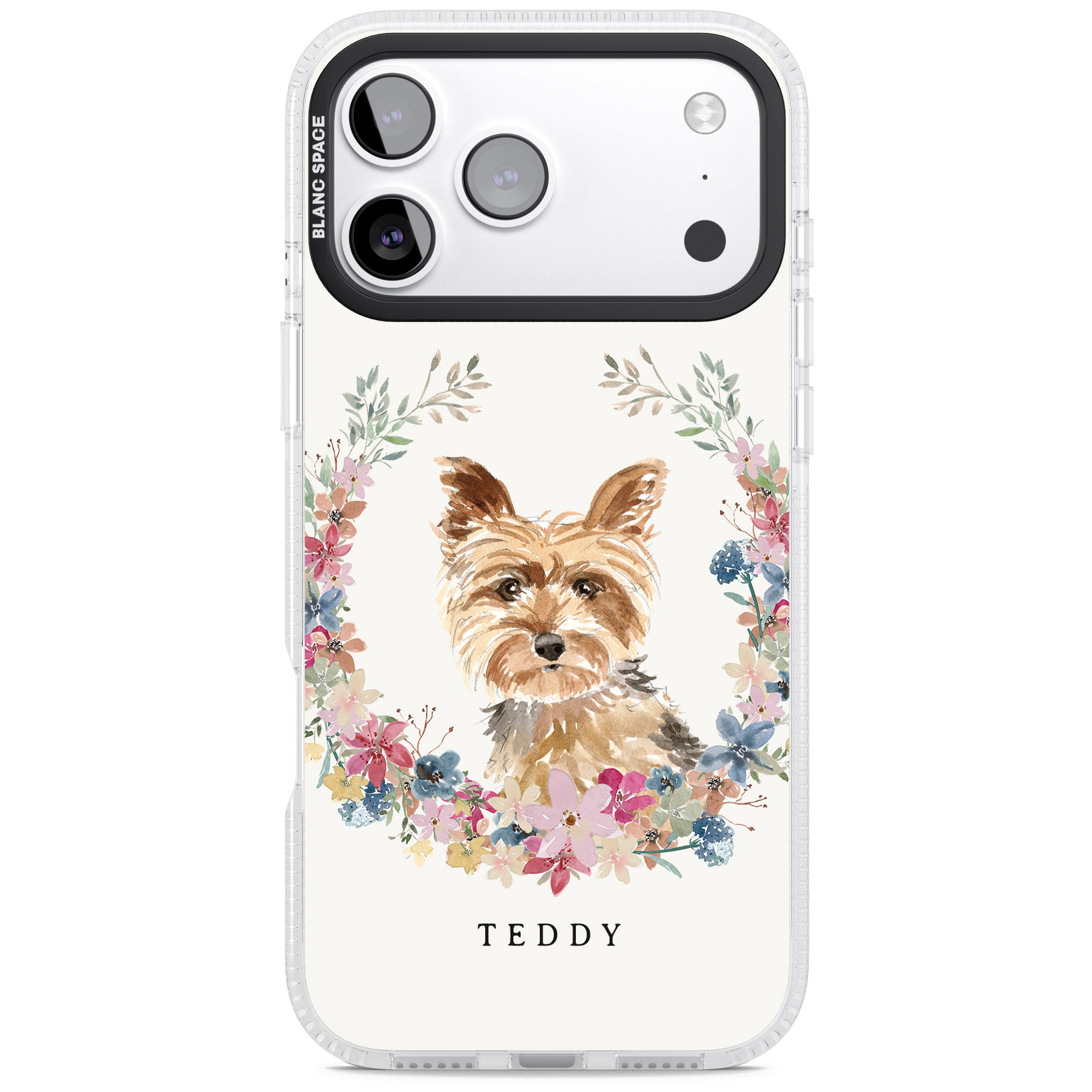 Personalised Yorkshire Terrier Floral Portrait iPhone 17 Pro Impact Air Clear Phone Case