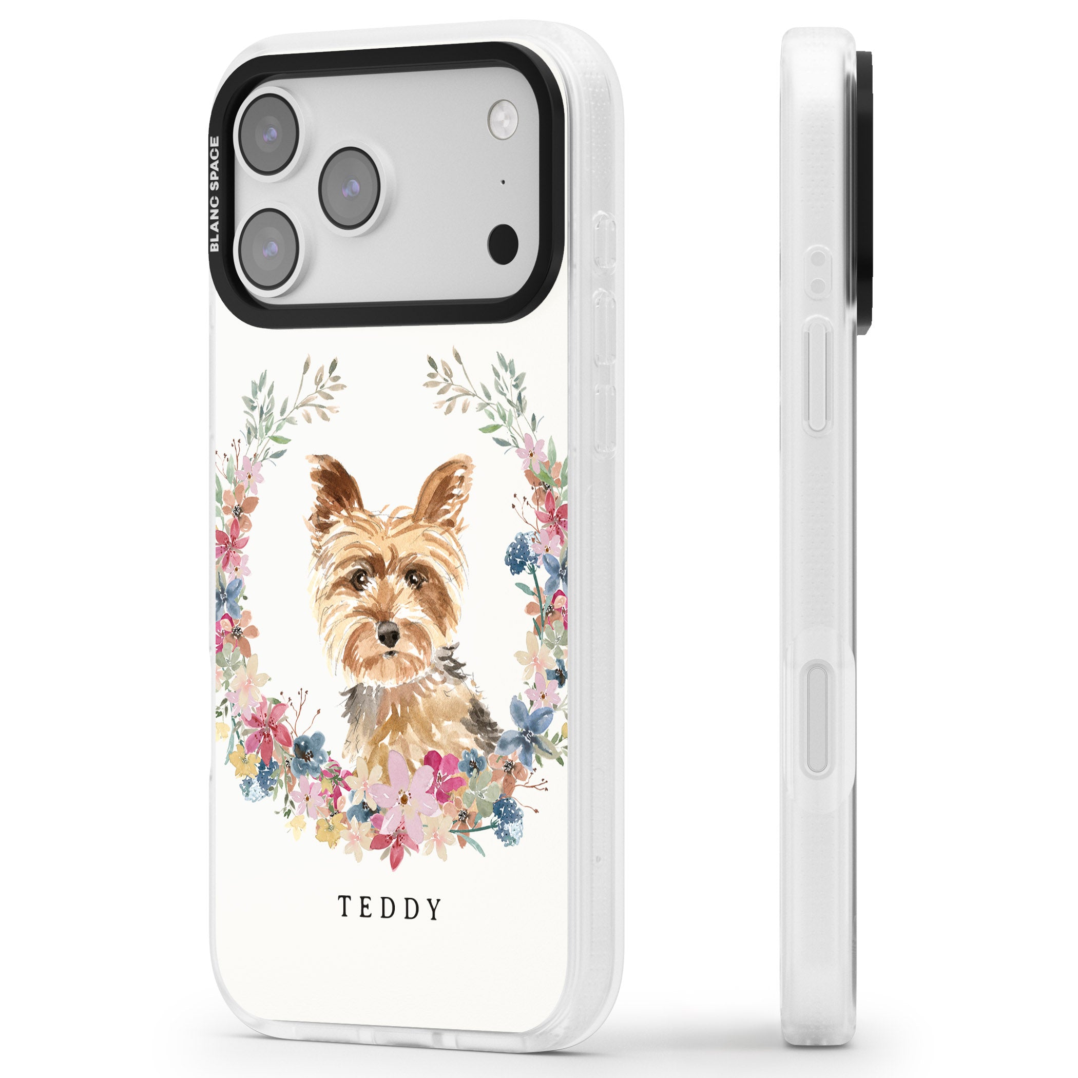 Personalised Yorkshire Terrier Floral Portrait iPhone 17 Pro Impact Air Clear Phone Case Side Profile