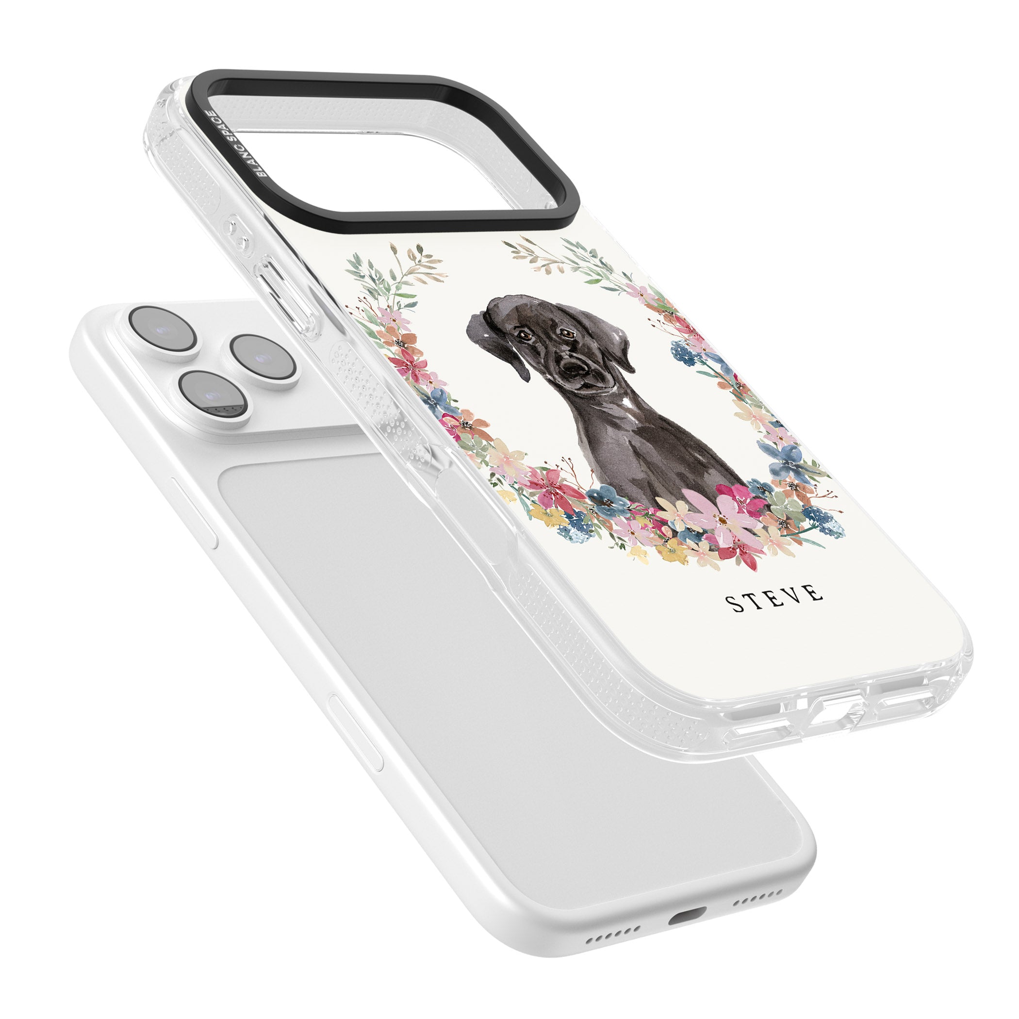 Personalised Black Labrador Floral Portrait iPhone 17 Pro Impact Air Clear Phone Case Colours