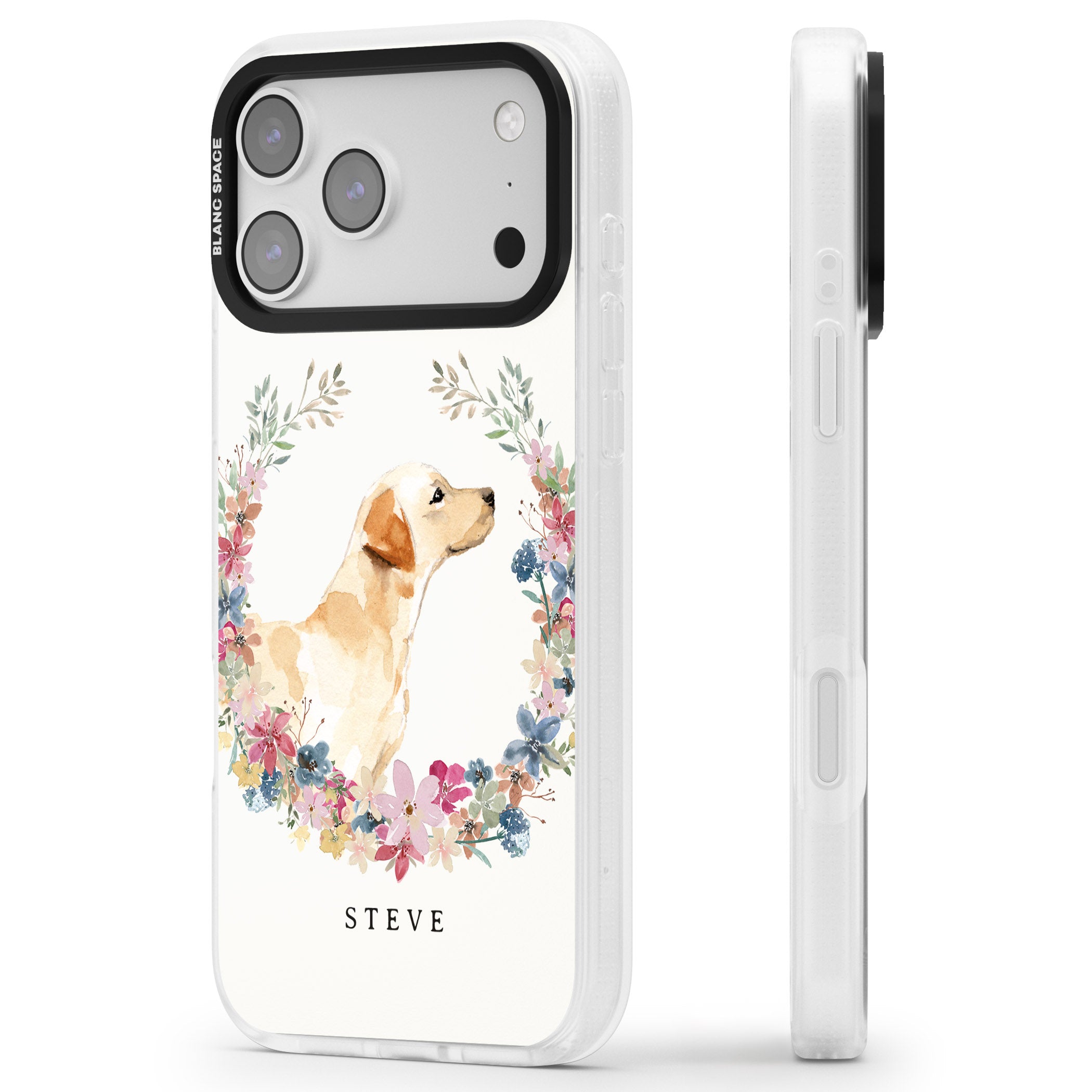 Personalised Yellow Labrador Floral Portrait iPhone 17 Pro Impact Air Clear Phone Case Side Profile