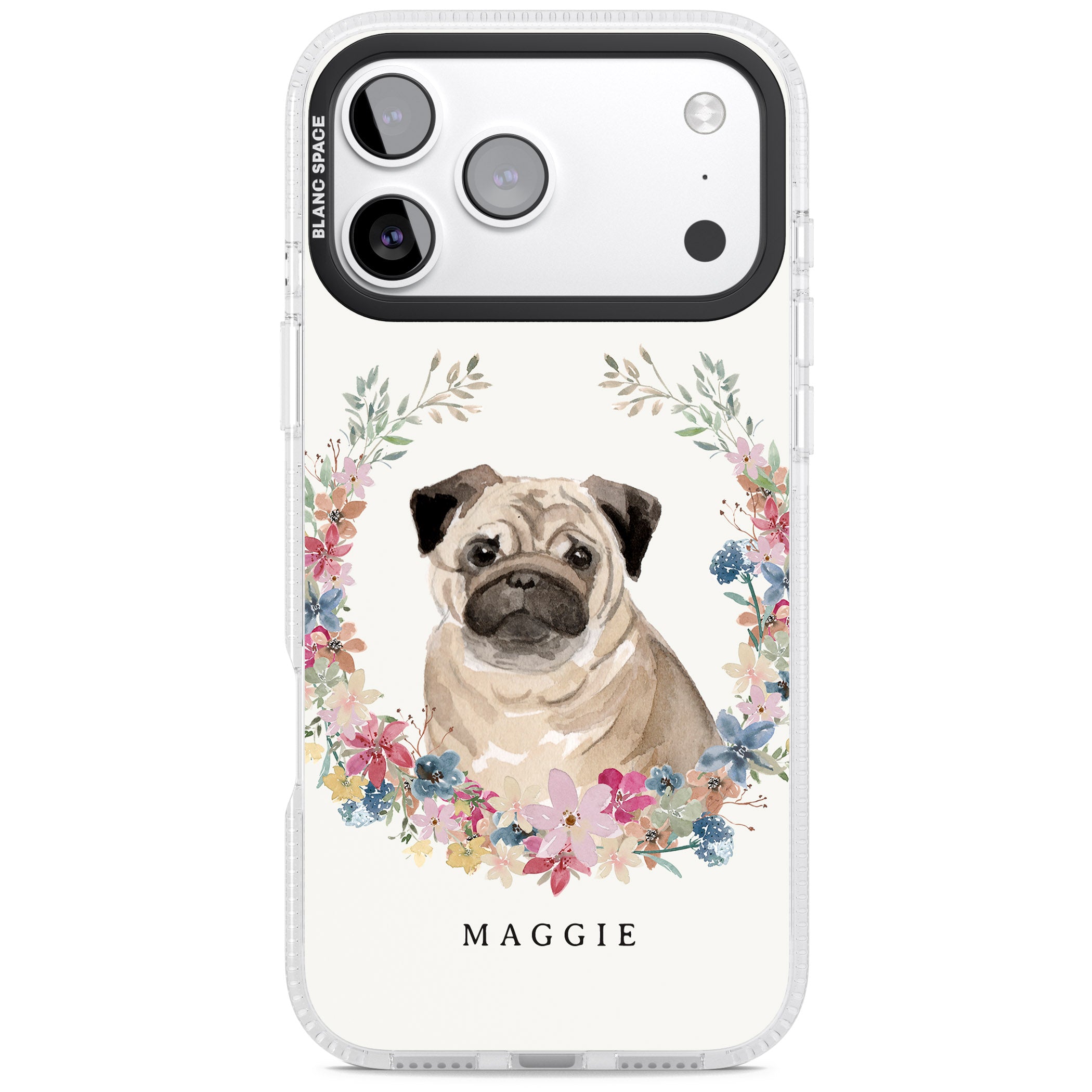 Personalised Pug Floral Portrait iPhone 17 Pro Impact Air Clear Phone Case