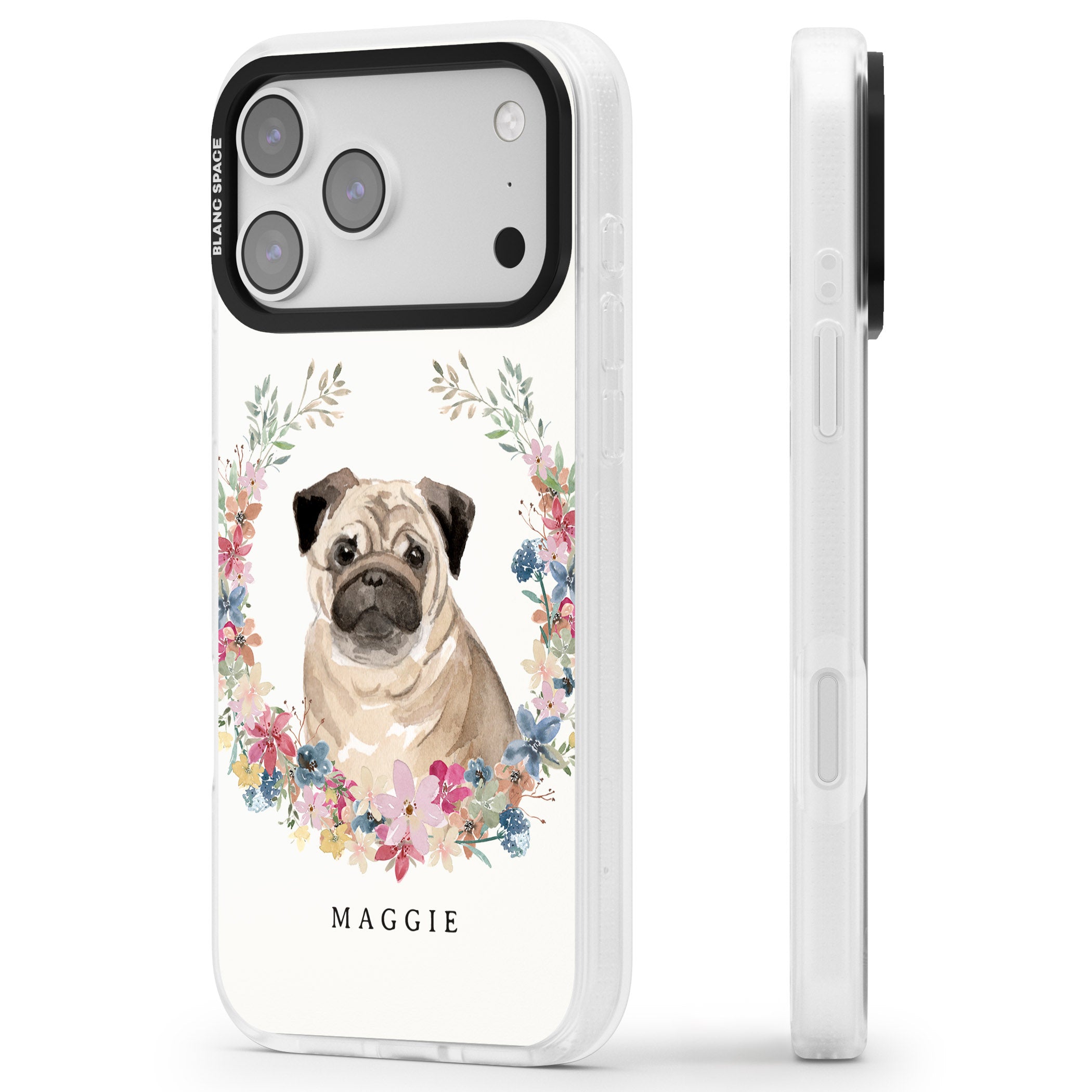 Personalised Pug Floral Portrait iPhone 17 Pro Impact Air Clear Phone Case Side Profile