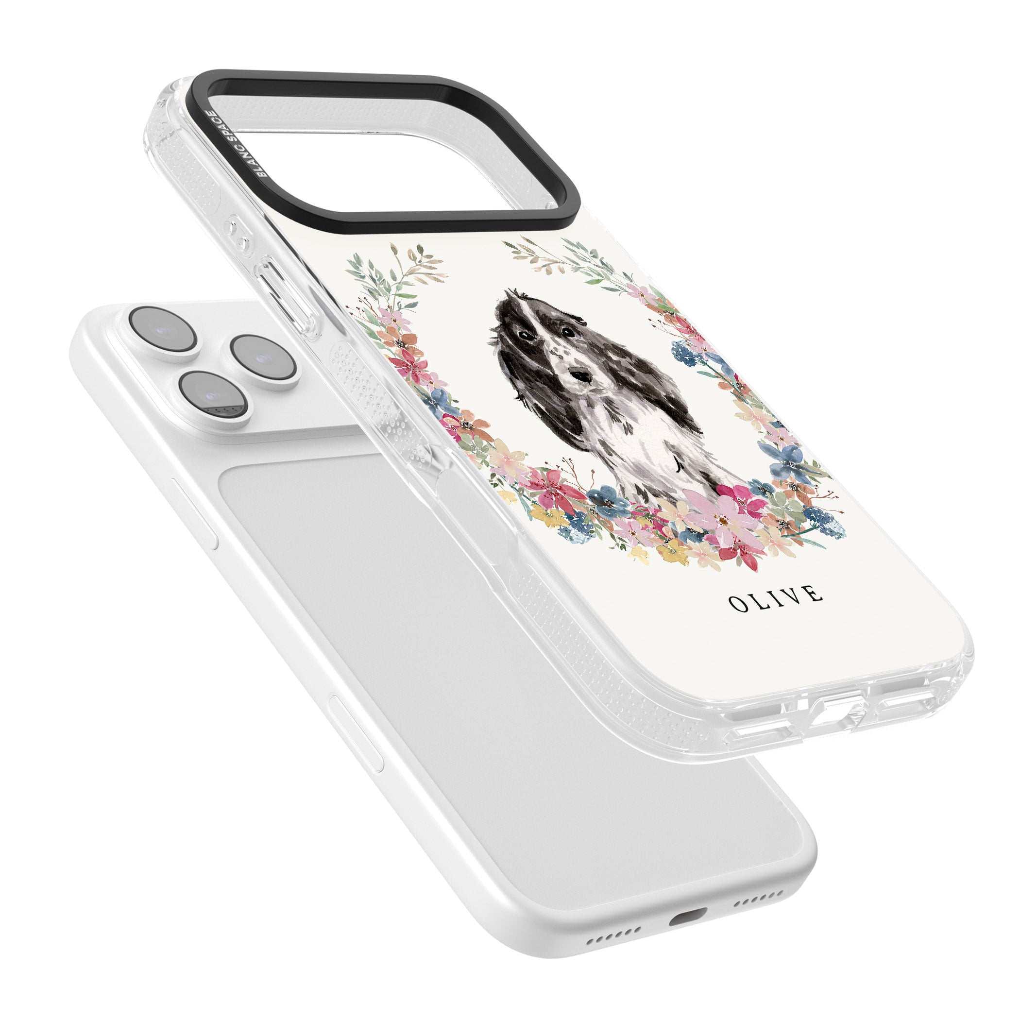 Personalised Black Cocker Spaniel Floral Portrait iPhone 17 Pro Impact Air Clear Phone Case Colours