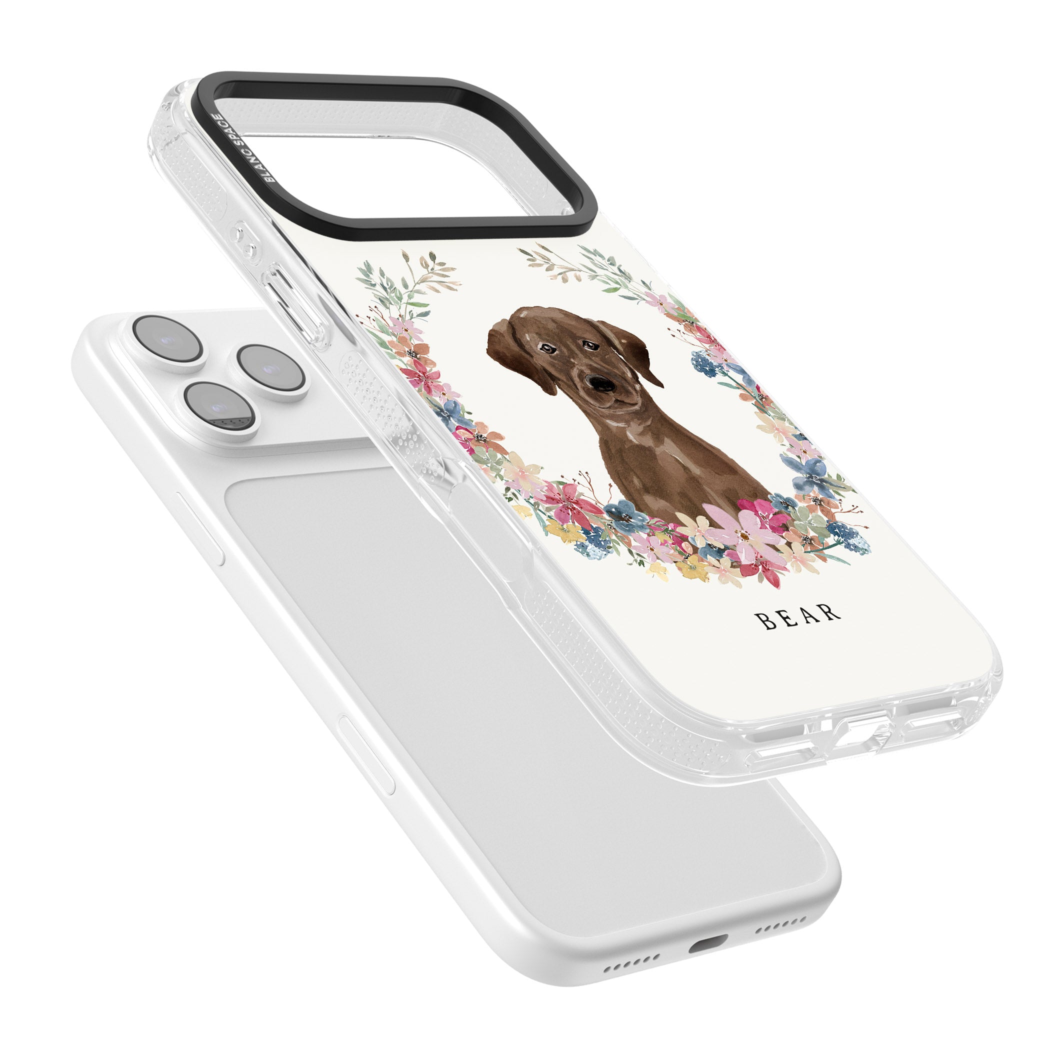 Personalised Chocolate Labrador Floral Portrait iPhone 17 Pro Impact Air Clear Phone Case Colours