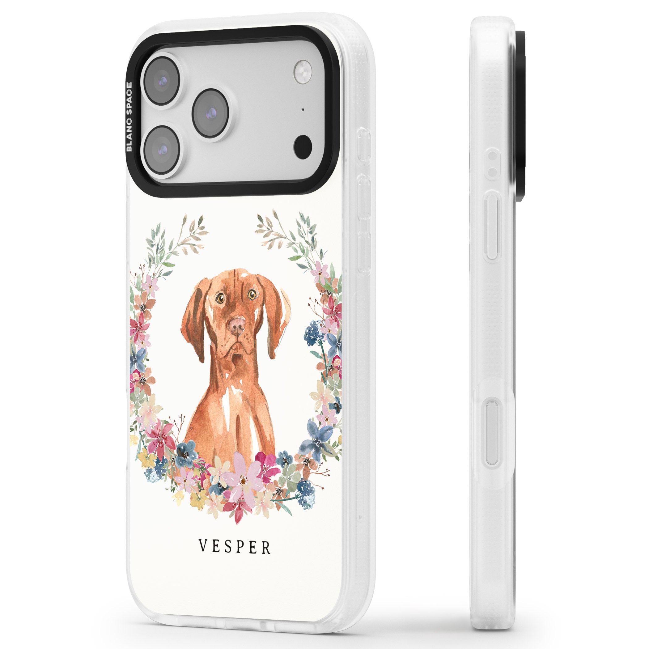 Personalised Hungarian Vizsla Floral Portrait iPhone 17 Pro Impact Air Clear Phone Case Side Profile