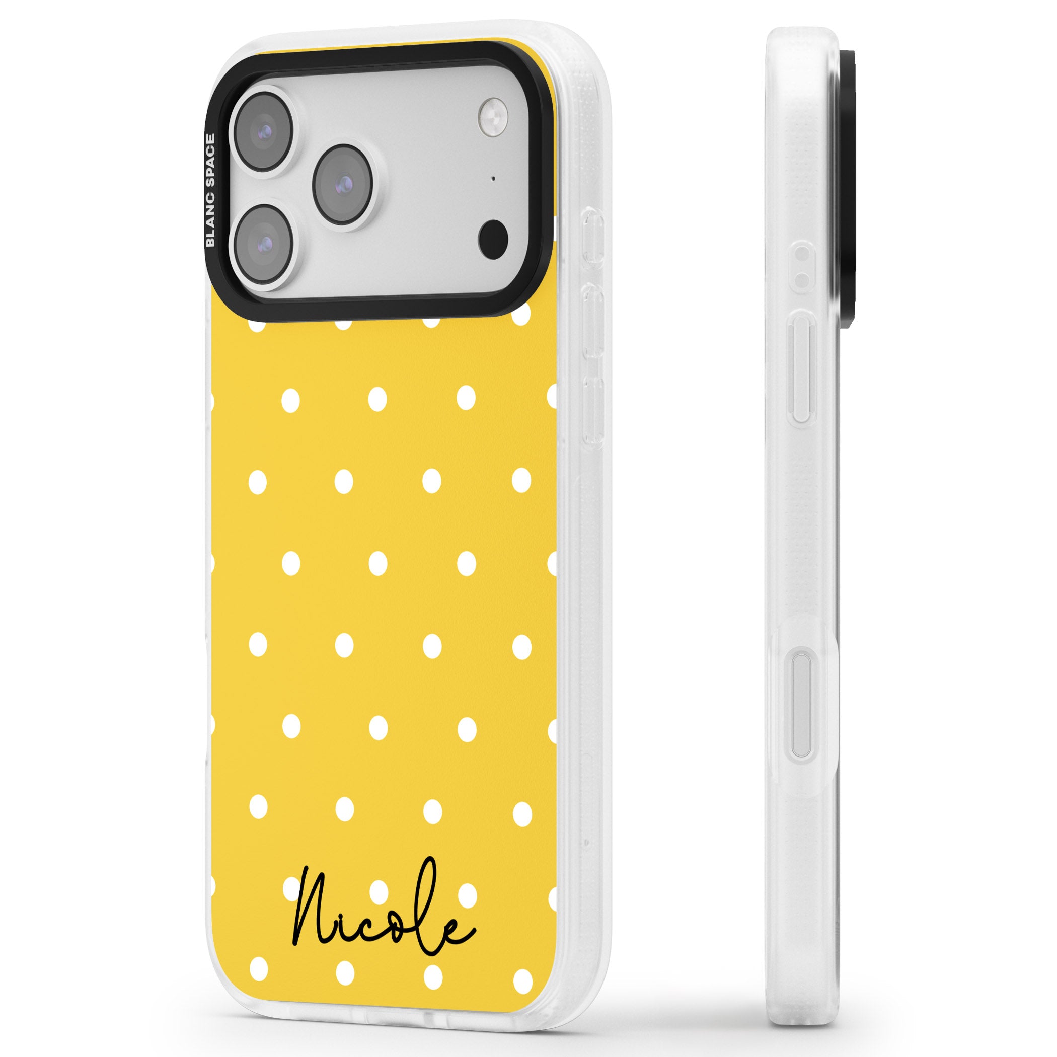 Personalised Yellow Polka Dot iPhone 17 Pro Impact Air Clear Phone Case Side Profile