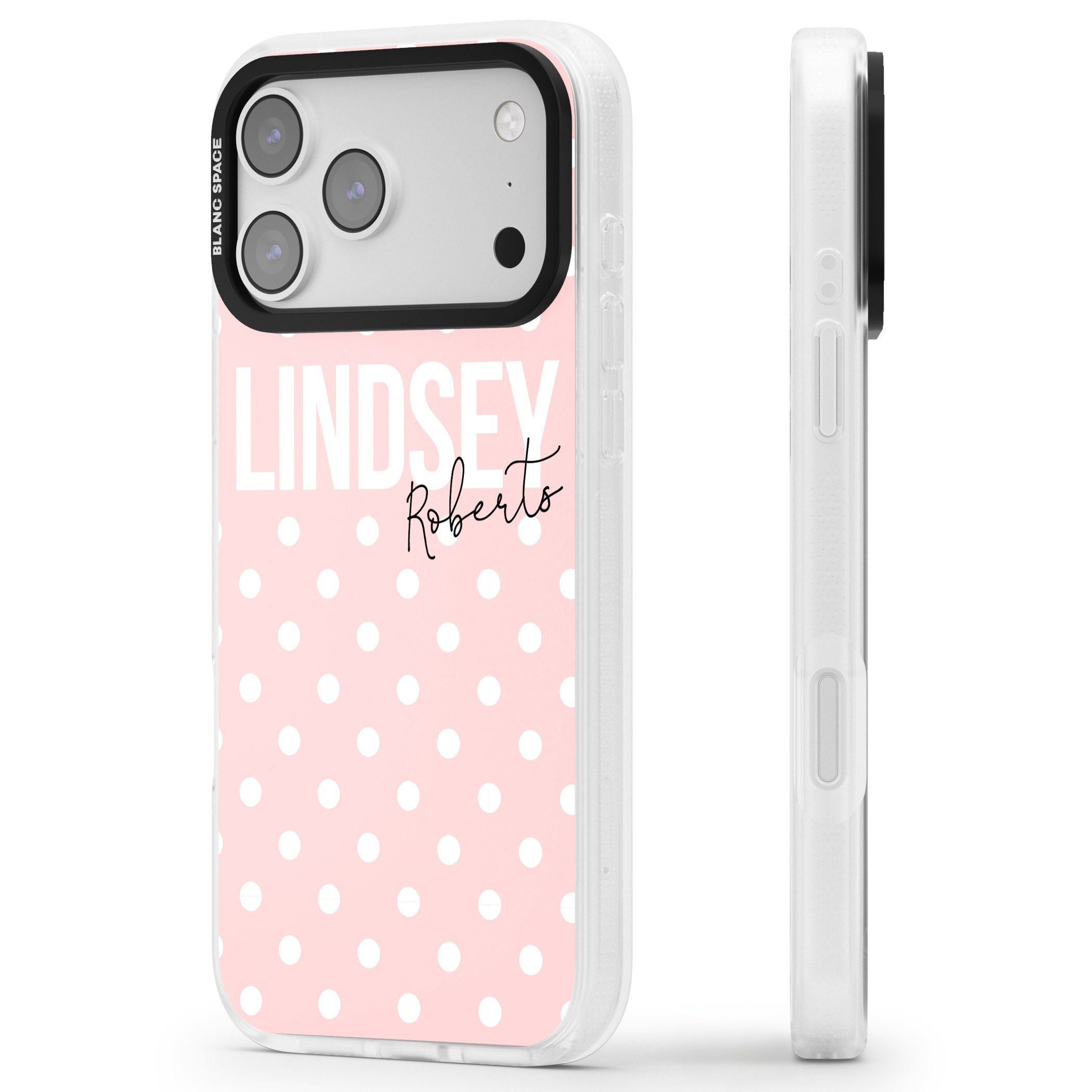 Personalised Pink Polka iPhone 17 Pro Max Impact Air Clear Phone Case Side Profile