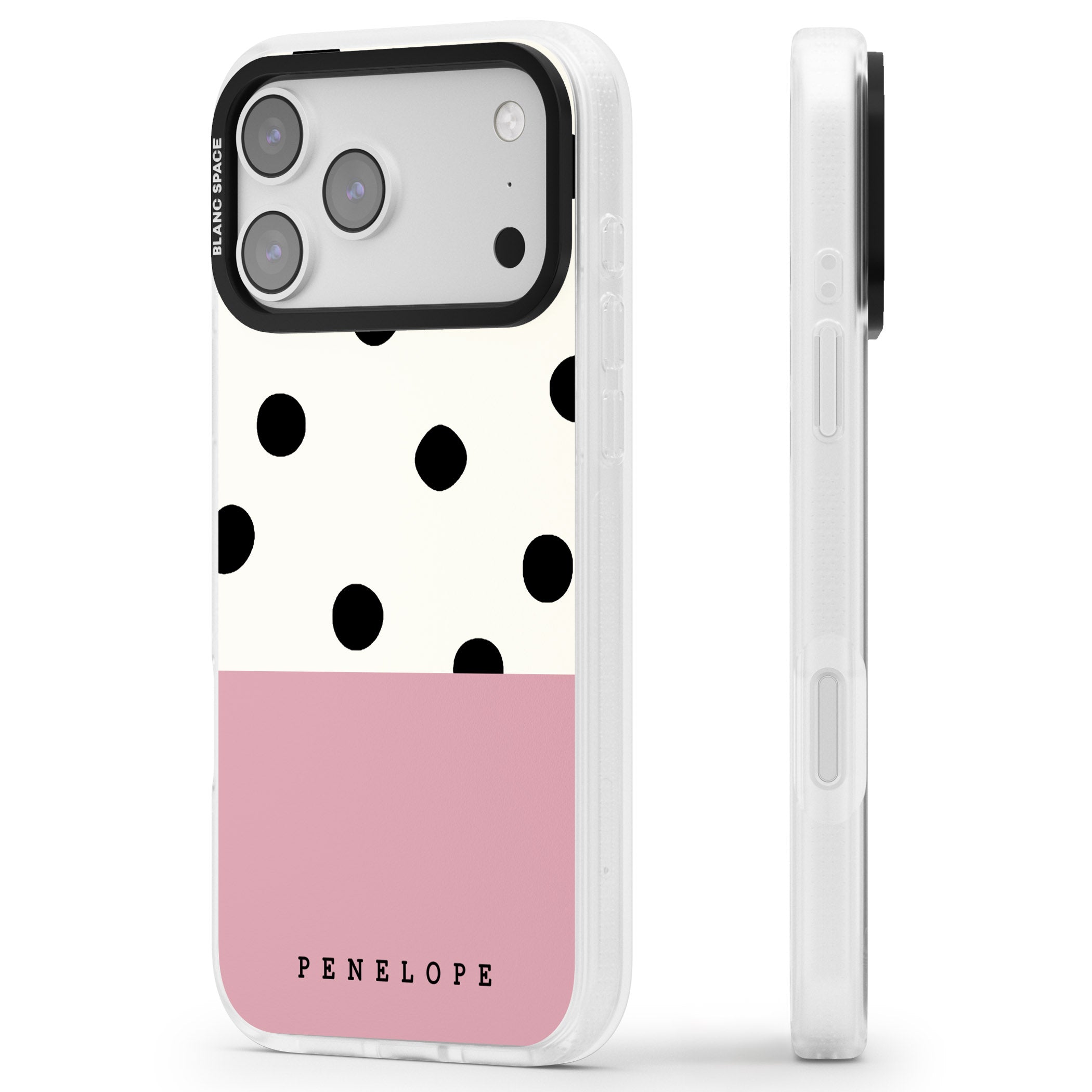 Personalised Pink Border Polka Dot iPhone 17 Pro Impact Air Clear Phone Case Side Profile