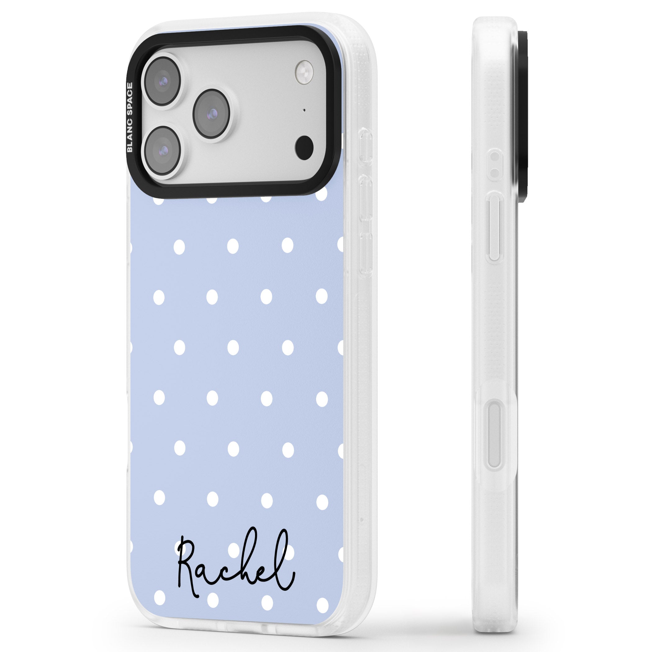 Personalised Simple Light Blue Dots iPhone 17 Pro Impact Air Clear Phone Case Side Profile