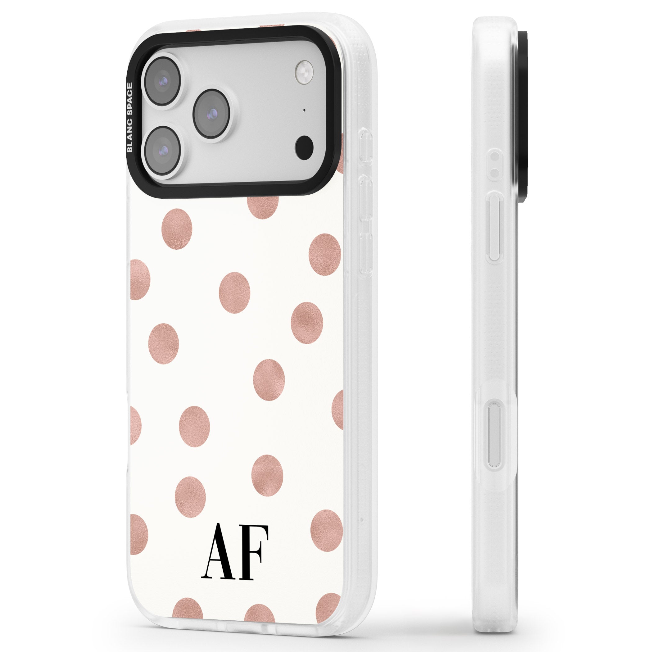 Personalised Rose Gold Dots & Initials iPhone 17 Pro Impact Air Clear Phone Case Side Profile