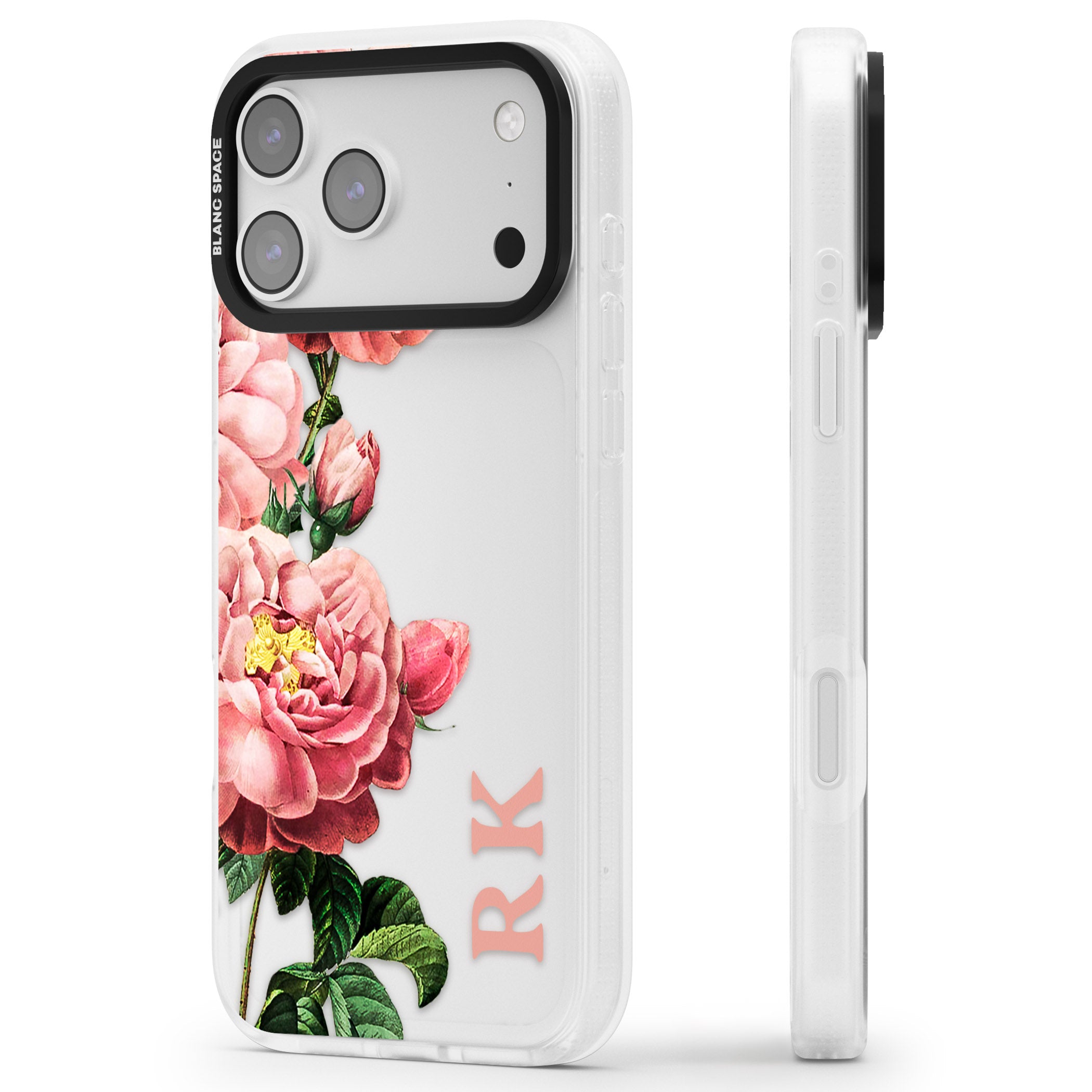 Personalised Vintage Floral Peonies iPhone 17 Pro Impact Air Clear Phone Case Side Profile