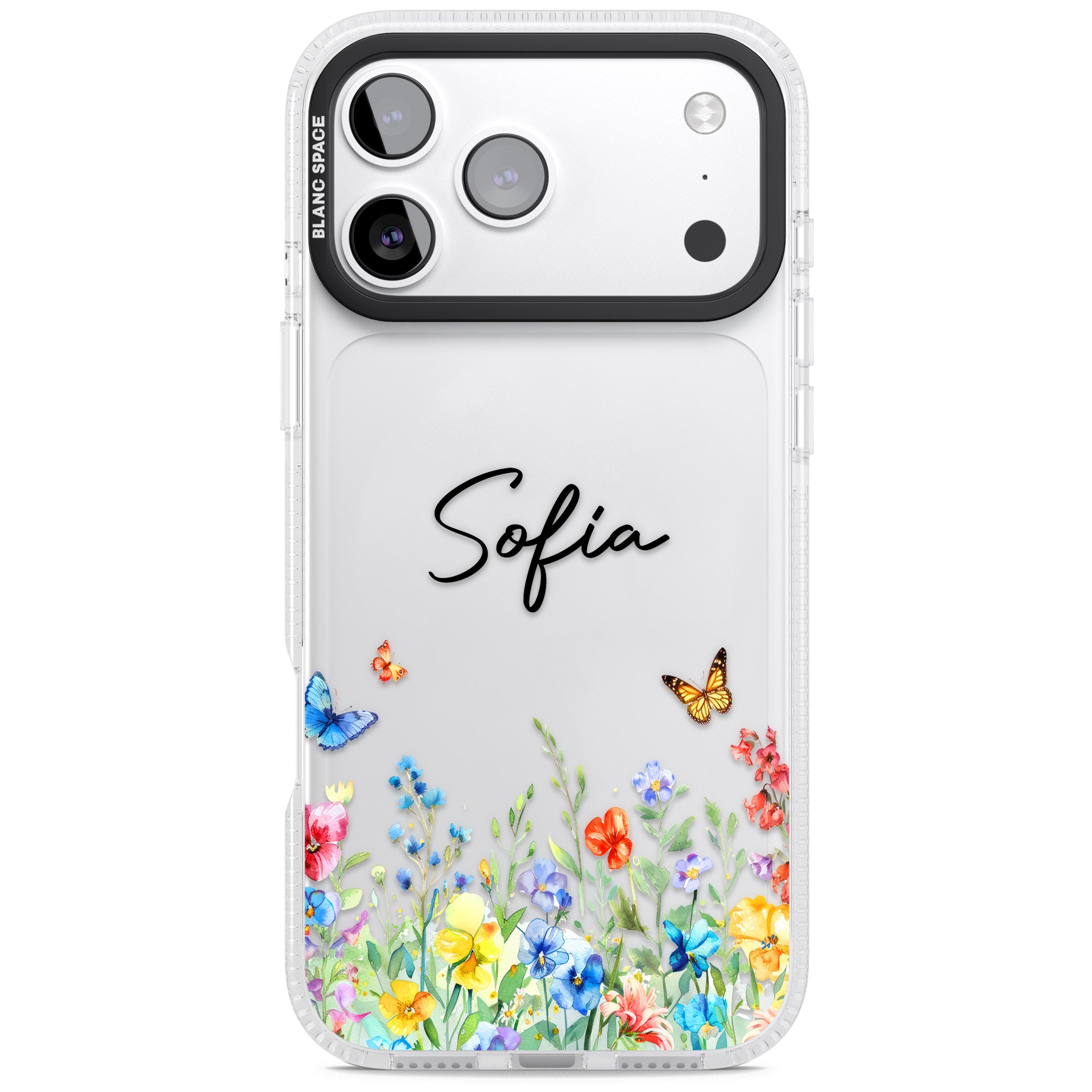 Personalised Buterflies Wildflowers iPhone 17 Pro Impact Air Clear Phone Case
