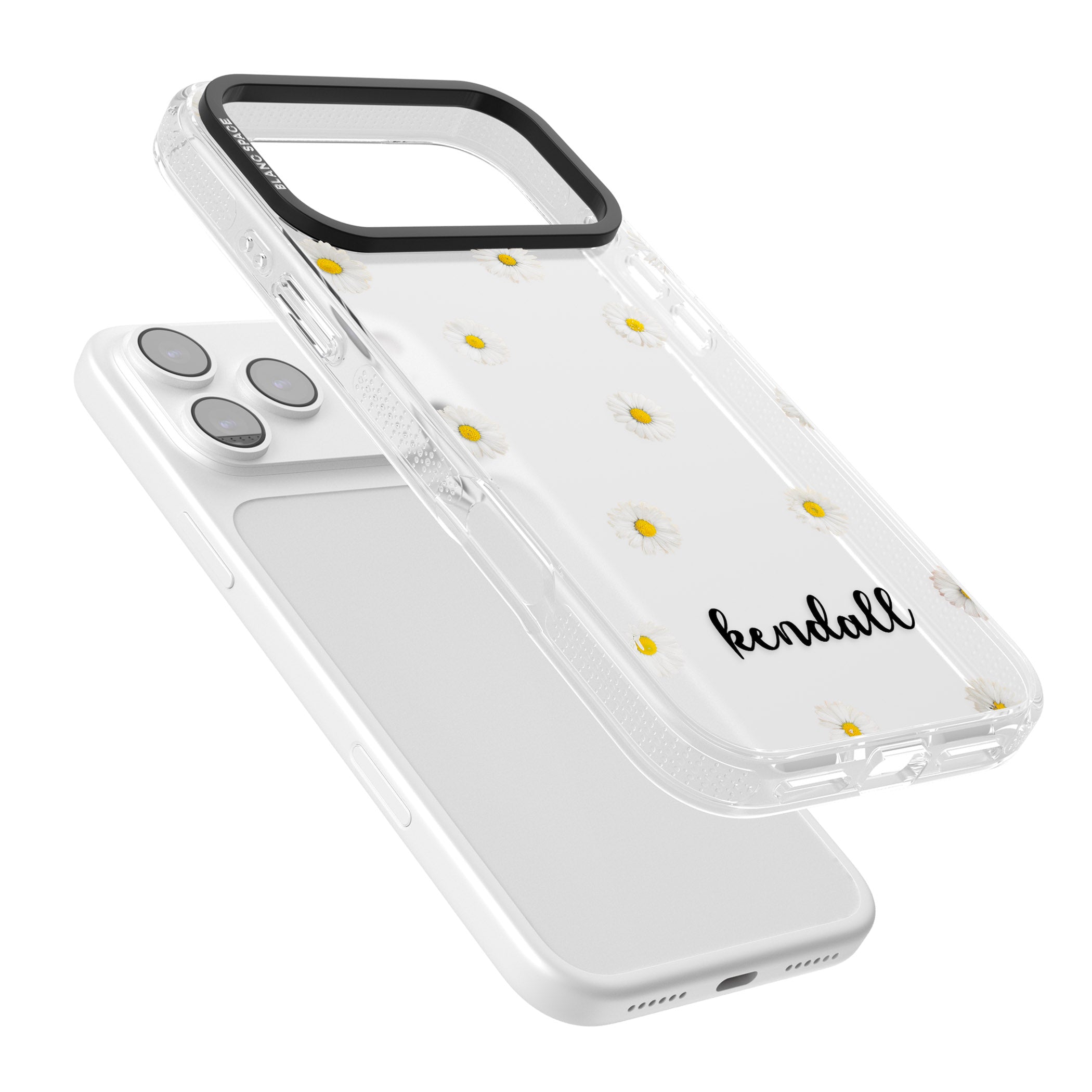 Personalised White Daisies & Cursive iPhone 17 Pro Impact Air Clear Phone Case Colours