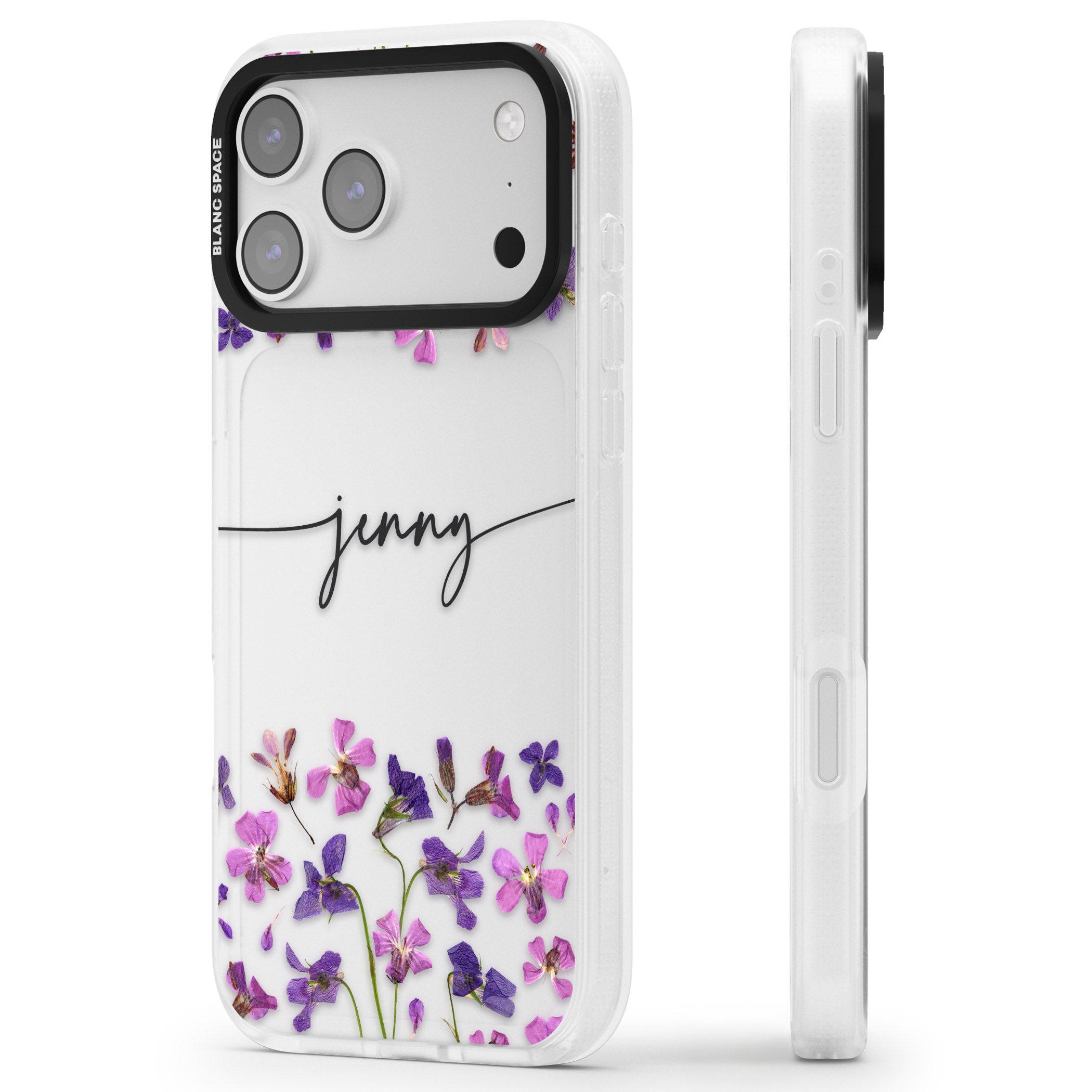 Personalised Purple Violets iPhone 17 Pro Impact Air Clear Phone Case Side Profile