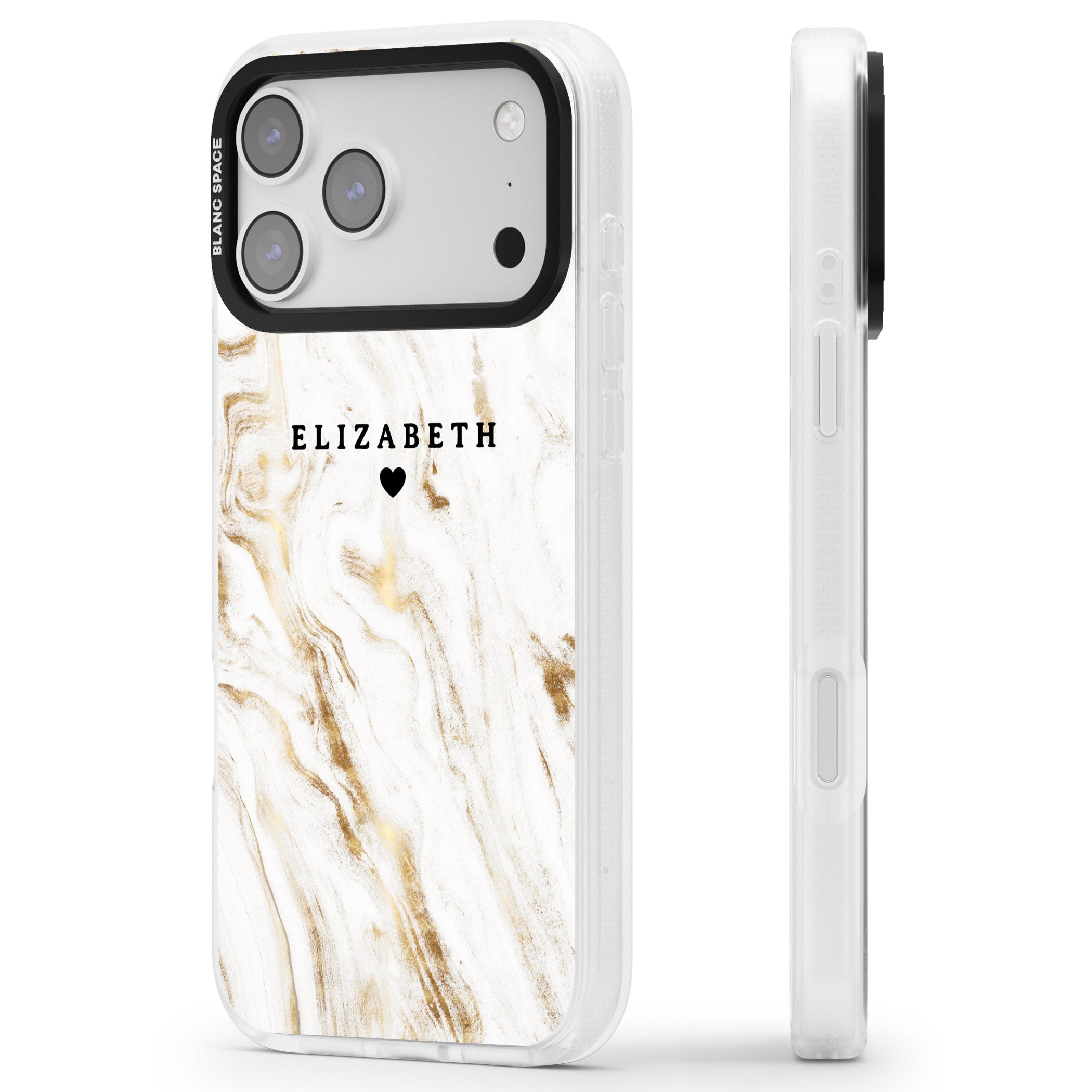 Personalised White & Gold Swirl Marble iPhone 17 Pro Impact Air Clear Phone Case Side Profile