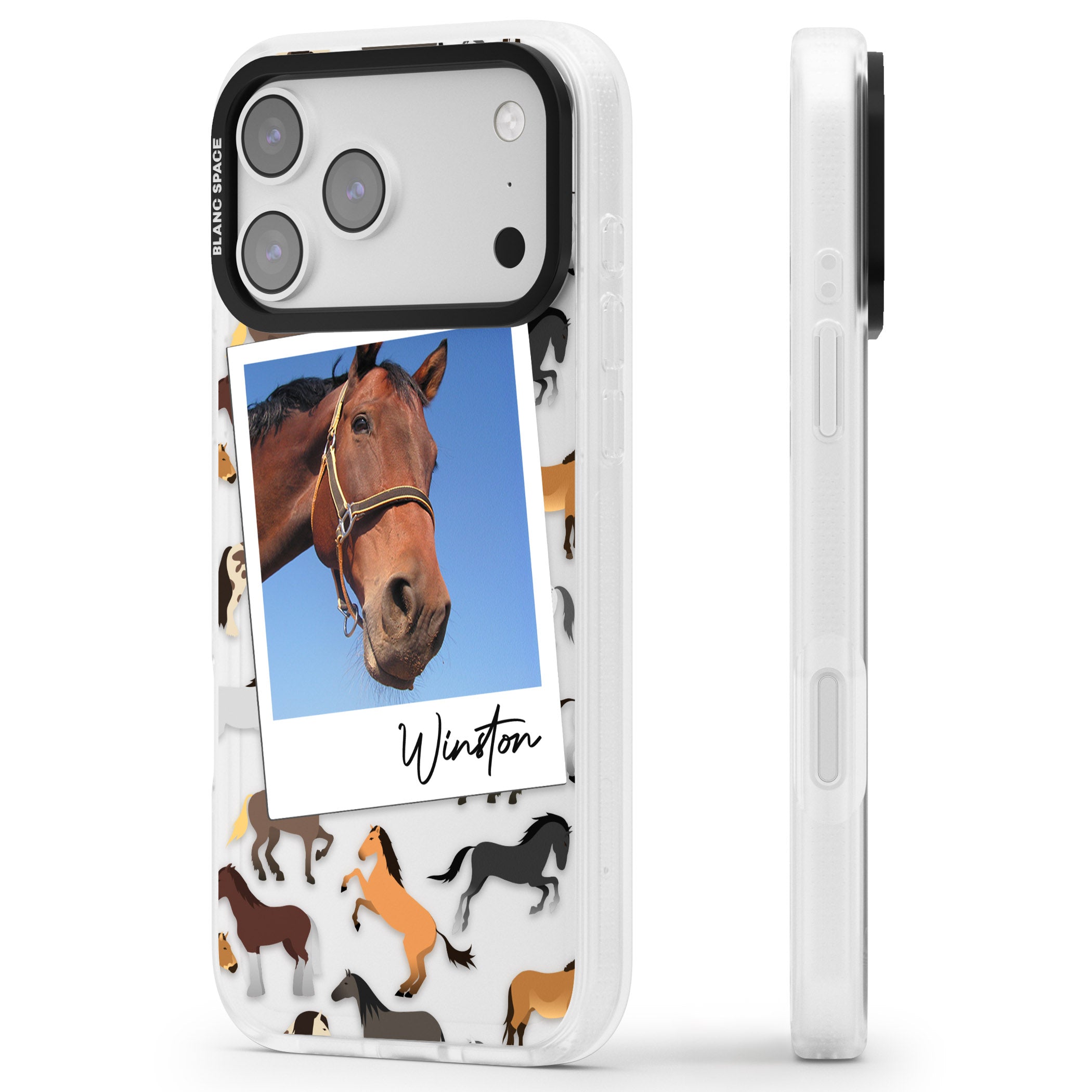 Personalised Horse Polaroid iPhone 17 Pro Impact Air Clear Phone Case Side Profile